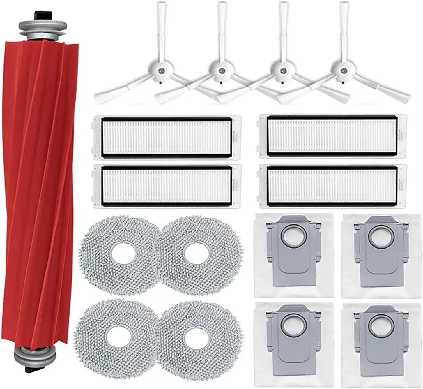 17 PCS Vacuum Accessories Set for Roborock P10 / Roborock Q Revo Self-Cleaning Sweeping Robot Vacuum Cleaner Spare Parts, 1 Main Brush 4 Side Brush 4 Filter 4 Rag 4 Dust Bag (White)