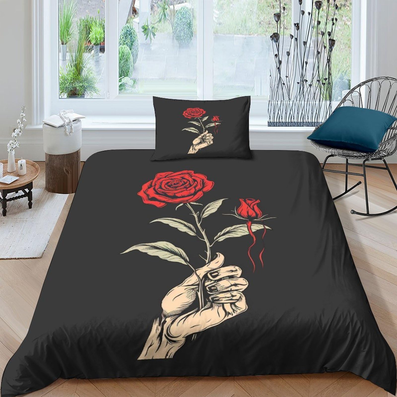 BARDYS Red Rose In Hand for Teens And Adults Comforter Covers 3D Print Minimalist Duvet Cover Quilt Cover with Pillow Cases Soft Microfiber with Zipper Closure Bedding Set 3 Pieces Single（135x200cm）