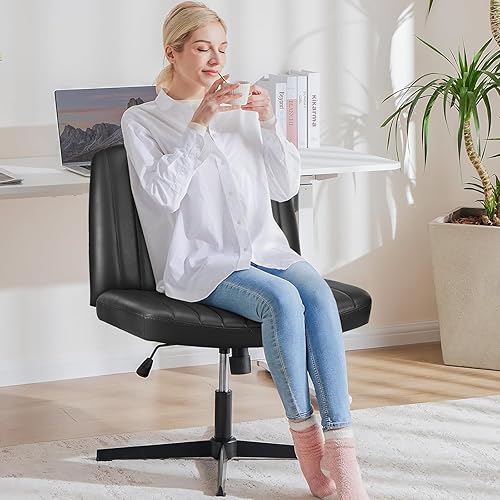 Miniatura 7 de OLIXIS Silla de escritorio con patas cruzadas, ajustable, giratoria, acolchada, para oficina en casa, sin ruedas, color negro