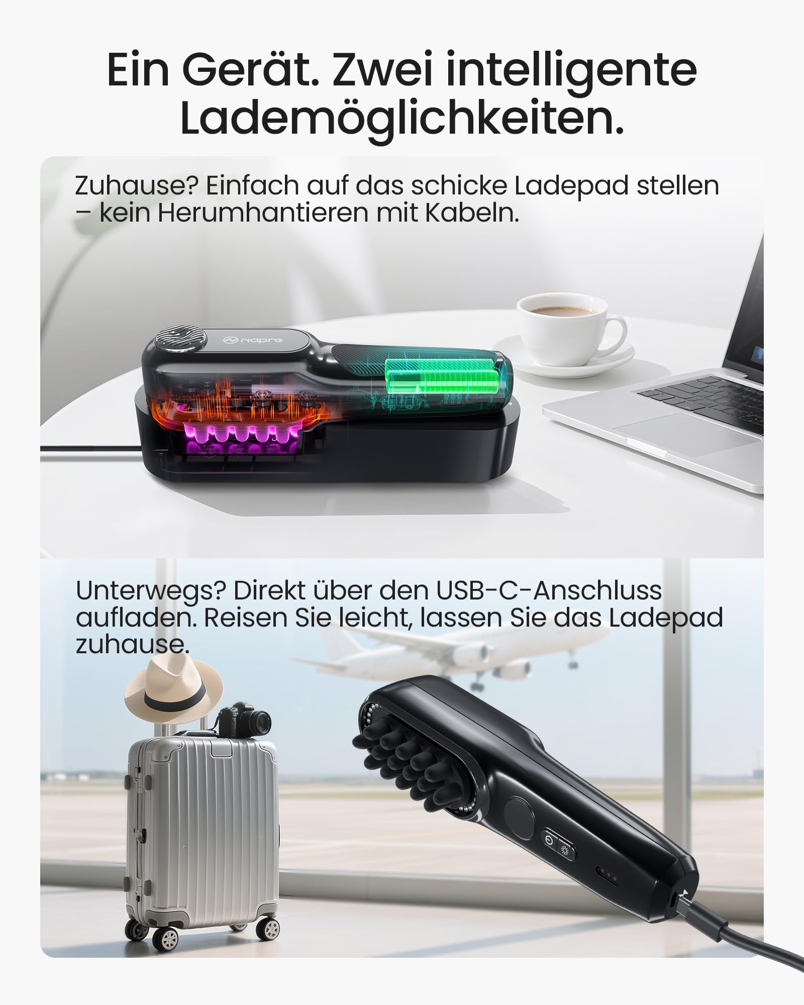 Kopfhautmassagegerät - 2400 U/min seitliche Vibration & Rotlichttherapie-Kopfmassagegerät zur Linderung von Kopfhaut/Gesicht/Nacken, 50 LED-Perlen, 5 Geschwindigkeitsstufen, tragbar mit Ladedock