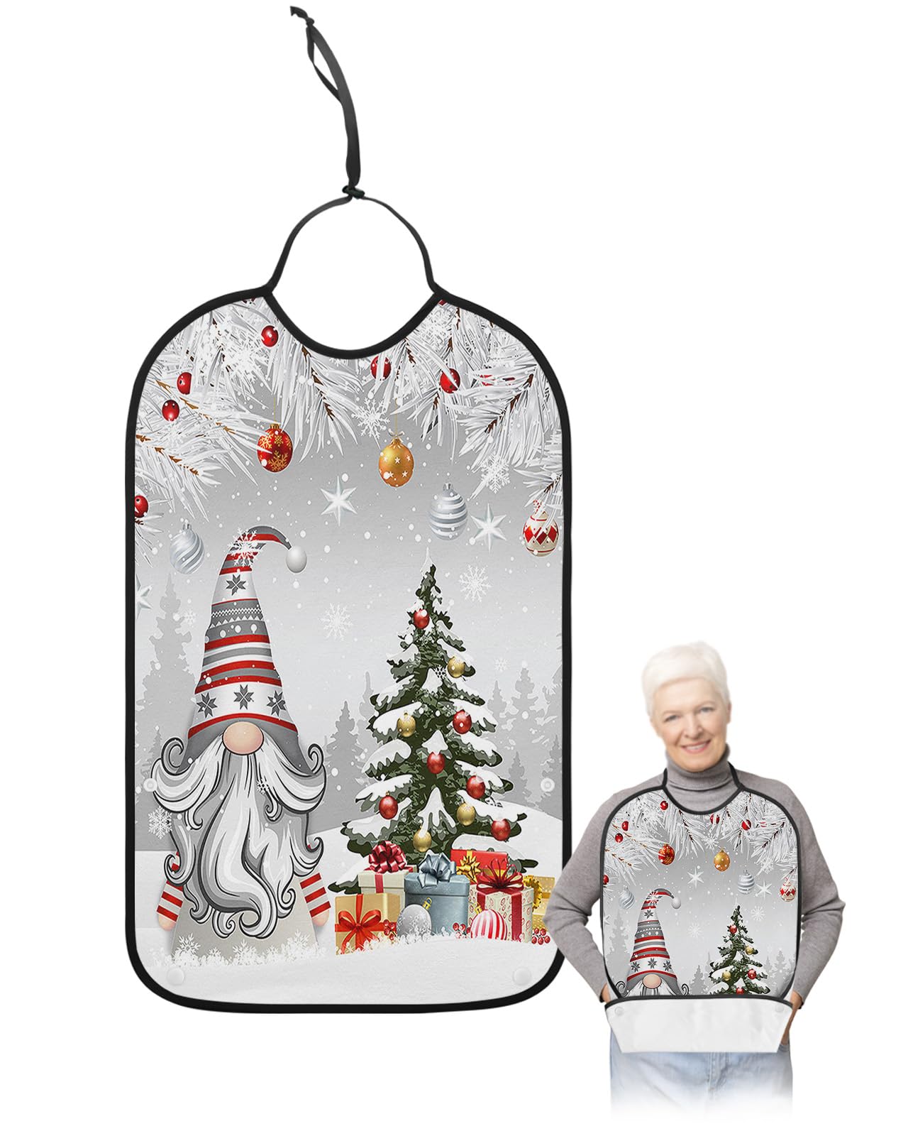 LEOKOTI Christmas Gnomes Adult Bibs for Eating, Waterproof Bibs with Food Catcher & Adjustable Snap Closure, Xmas Tree Balls Winter Snowflake Grey Washable Clothing Protectors Adult Bibs for Elderly