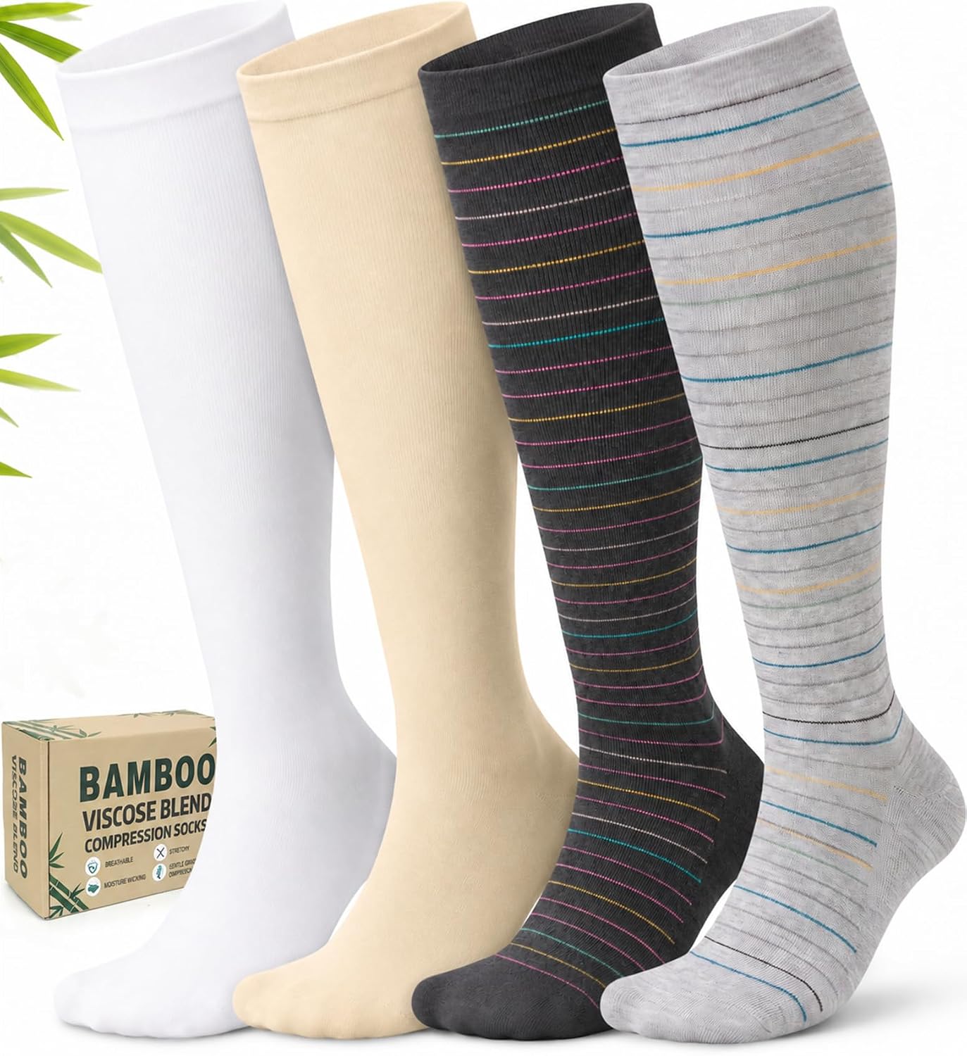 Bamboo Viscose Compression Socks for Women Men, 4 Pack, 15-20 mmHg Support