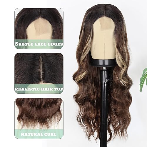 Miniatura 2 de WERD Peluca larga ondulada de color marrón oscuro para mujer, peluca de cabello rizado con raya en el medio, pelucas largas rizadas de color marrón