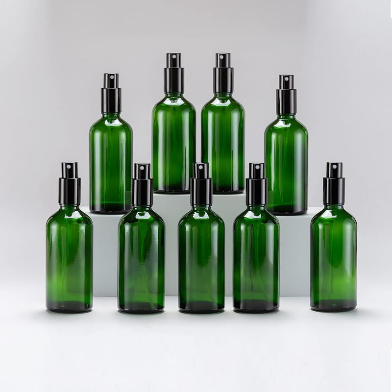 YIZHAO Frascos de Vidro Verdes com Spray de Névoa Fina, Tampa Metálica e Recarregáveis, 100 mL, Pacote com 9