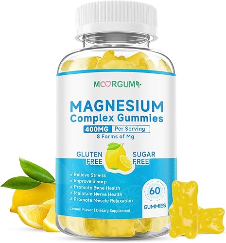 Gomitas de complejo de magnesio de 400 mg para adultos y niños, 8 formas de mg - glicinato, citrato, malato y más, con vitamina D3, B12, suplementos