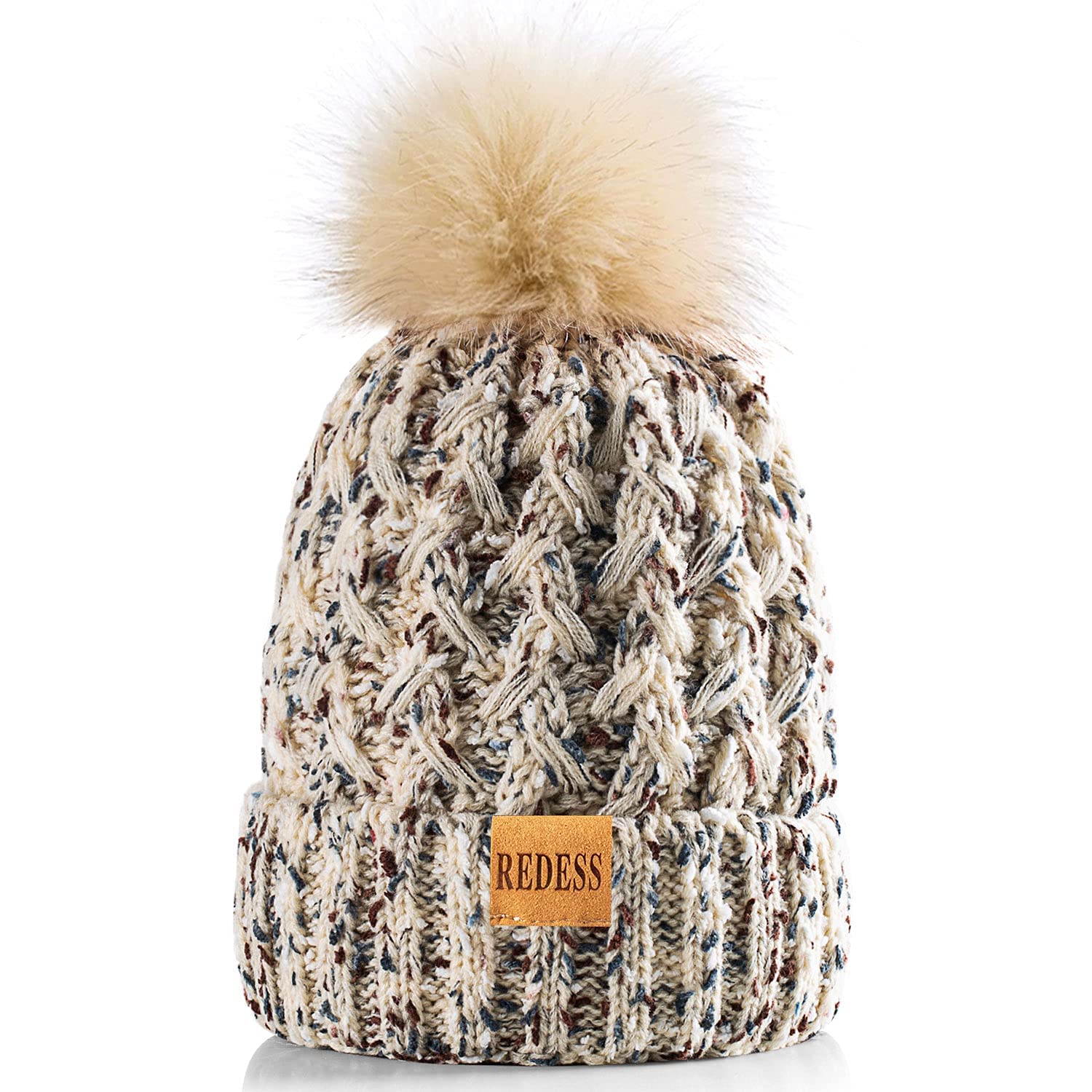 REDESS Cappello Invernale da Donna con Pompon con Pompon Cappelli Caldi Foderati in Pile, Berretto Incrociato in Maglia di Neve Spessa e Morbida per Le Signore