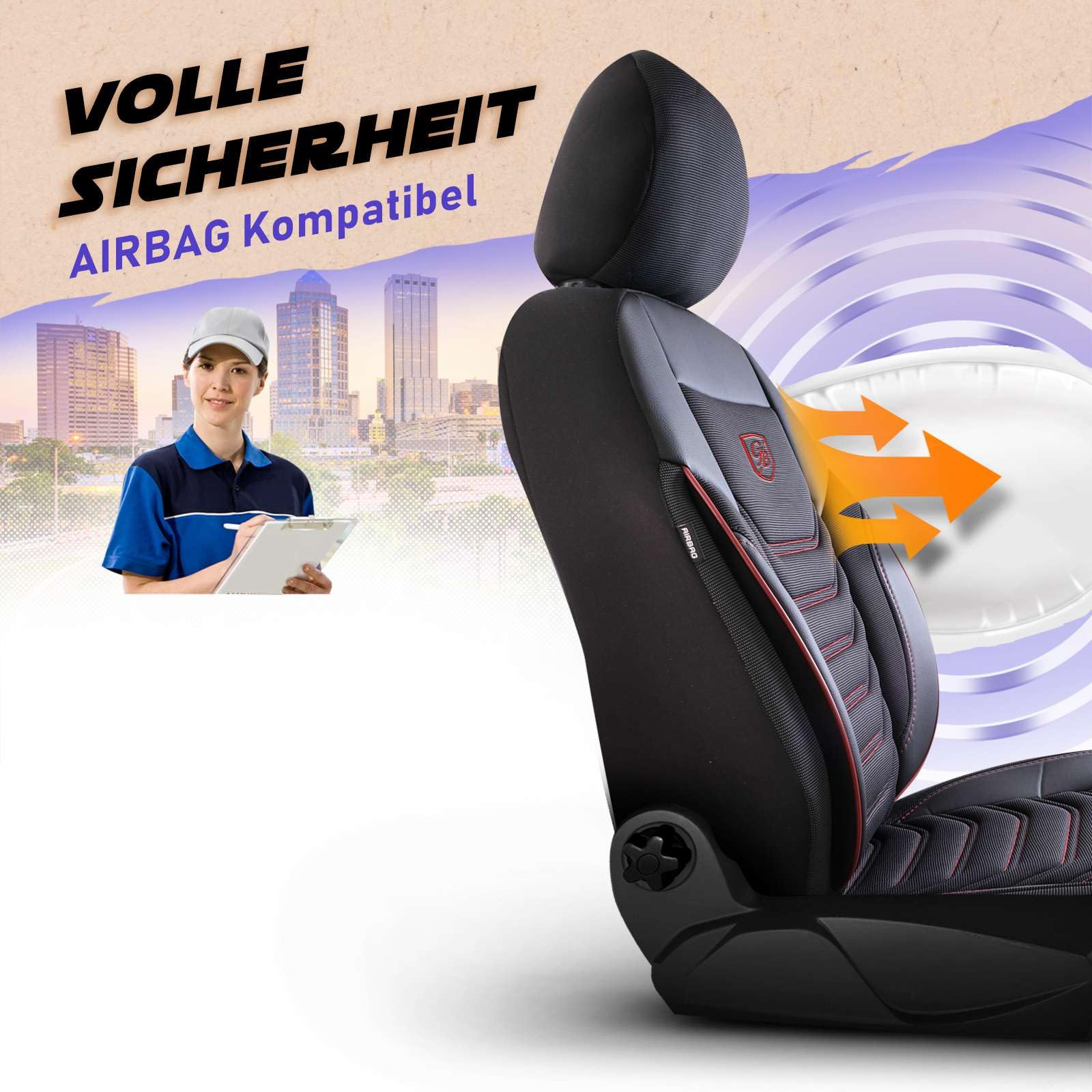 Autositzbezüge Universal für PKW & SUV - Premium Vordersitze Auto Sitzbezug aus Piqué-Stoff, Schwarz-Rot, Airbag-Kompatibel Sitzauflage, Autoschonbezug, Vordersitz-Set inkl. Montageset