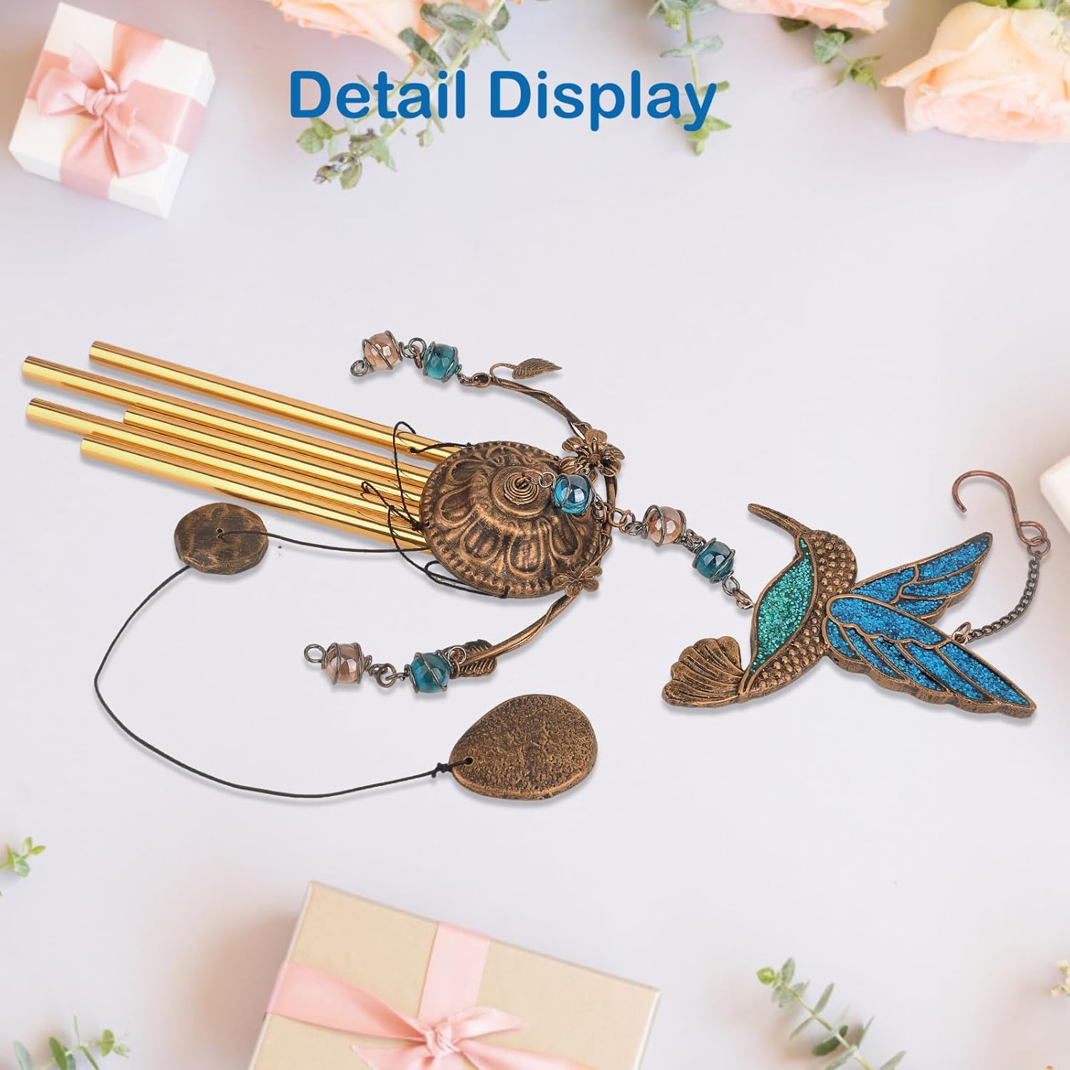 Wind Chimes - Blue Hummingbird Wind Chimes for Outside Deep Tone 34 inches 5 Aluminum Tubes, Birthday, Mother's Day, Hummingbird Gifts for Mom, Grandma, Decorations for Home, Garden, Patio, Backyard