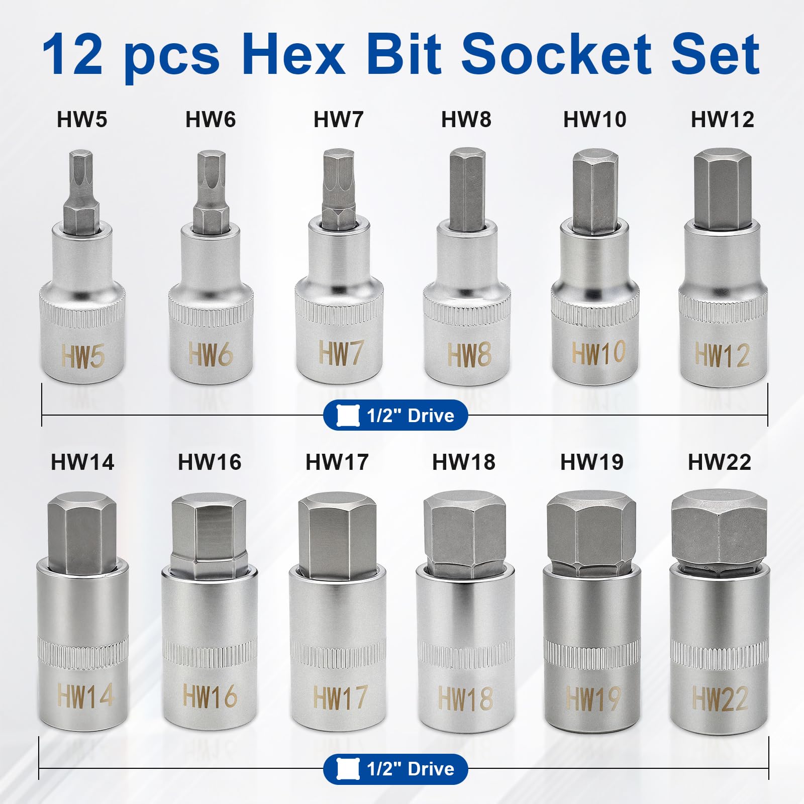 DAKCOS Juego de 12 Llaves de Vaso Hexagonales Métrico, 1/2", 5,6,7,8,10,12,14,16,17,18,19,22 mm, CR-V