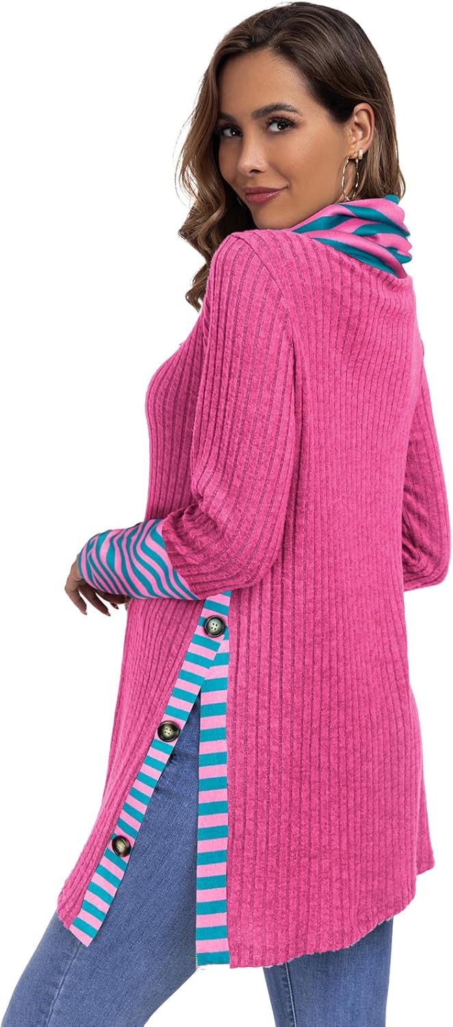 Miusey Women's Cowl Neck Tunic Sweaters Long Sleeve Shirts Lightweight Pullover Sweatshirts Side Split Tunic Tops - Image 4