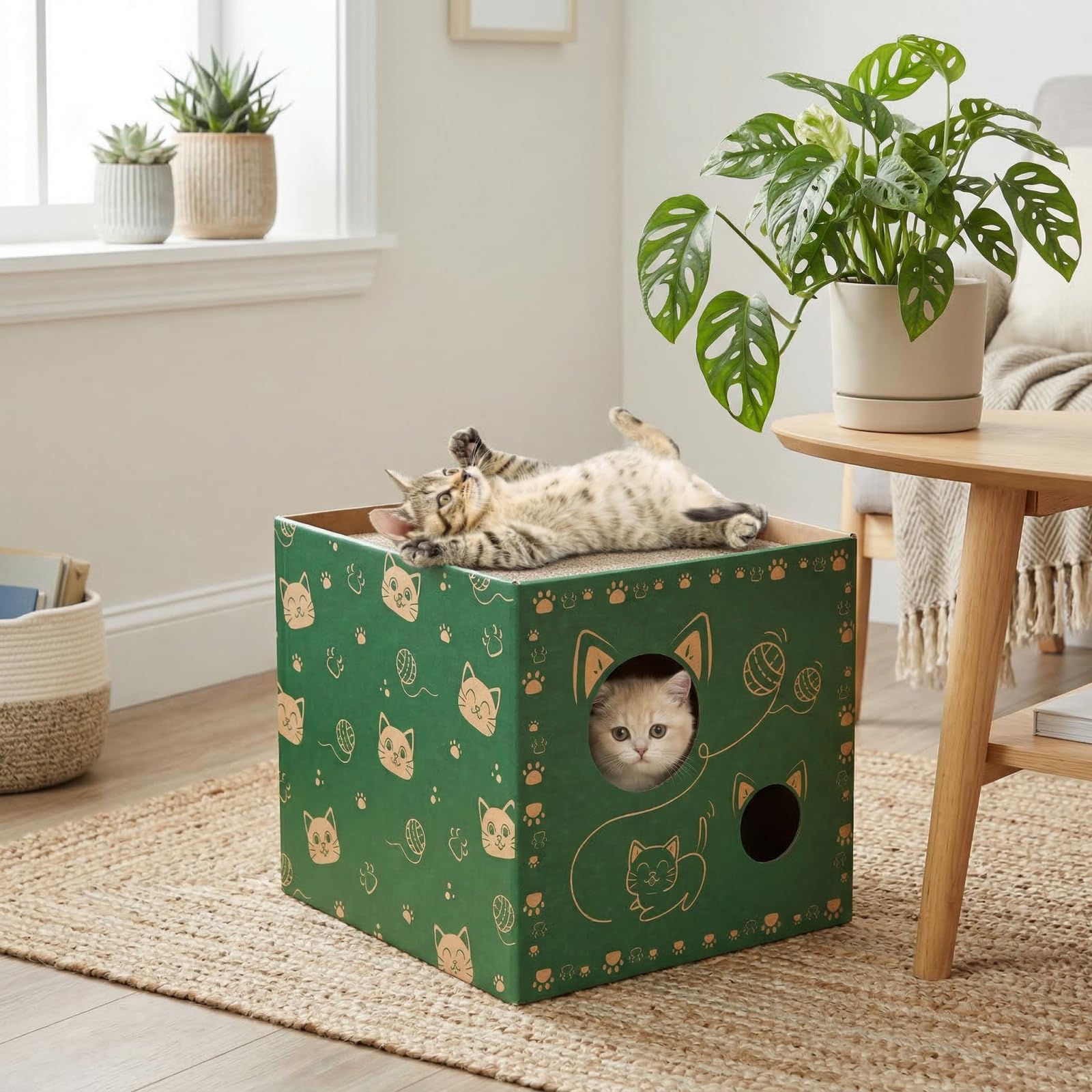 Pumtus Paquete de 2 casas de cartón para gatos, casa de juego para gatos con 2 almohadillas para rascar, cueva escondite corrugada para gatos, bonita caja de condominios para gatos, juguete rascador