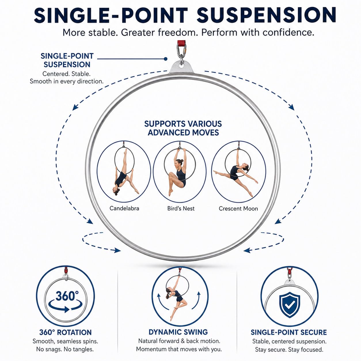 Home Gym Outdoor Antenna Yoga Anello Lyra Hoop, Cerchio Aereo Cerchio Aereo, Pu Grip Tape Included, Improves Grip, Yoga Hoops Sling per Casa, Palestra Silver-85cm