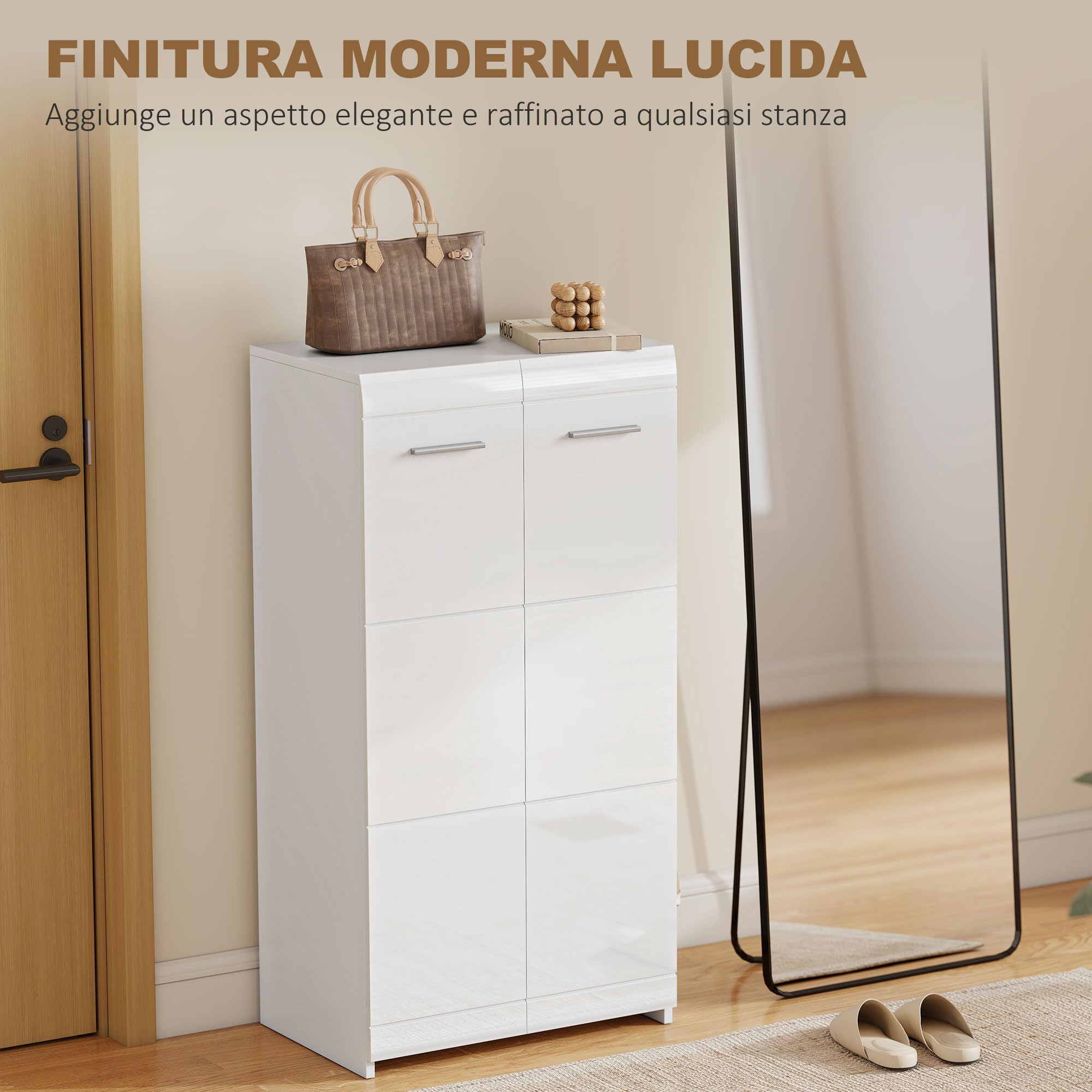 HOMCOM Scarpiera Ingresso con 5 Ripiani, Scarpiera Armadio Moderno a 2 Ante con Ripiani Regolabili Rimovibili, Porta Scarpe Salvaspazio per 10 Paia per Corridoio, 55x36x108 cm, Bianco Lucido