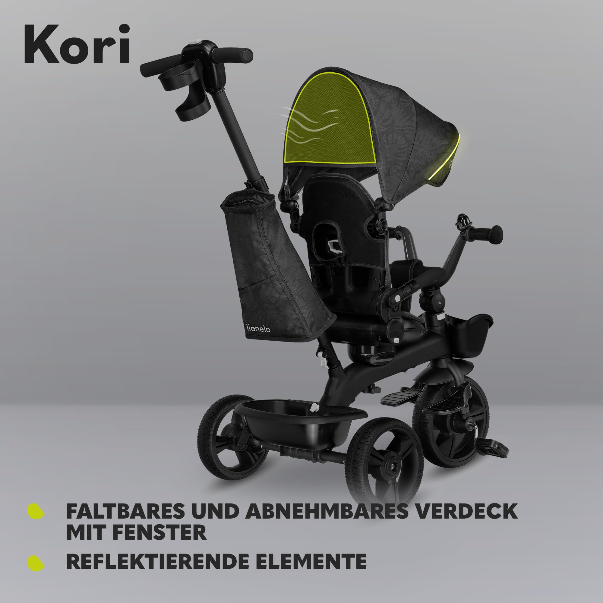 Lionelo Kori Dreirad mit Schubstange für Kinder ab 1,5 bis 5 Jahre, drehbarer Sitz, Magnesium-Rahmen, wartungsfreie Gummiräder, freies Rad, abnehmbares Vordach, 55 x 80 x 56 cm