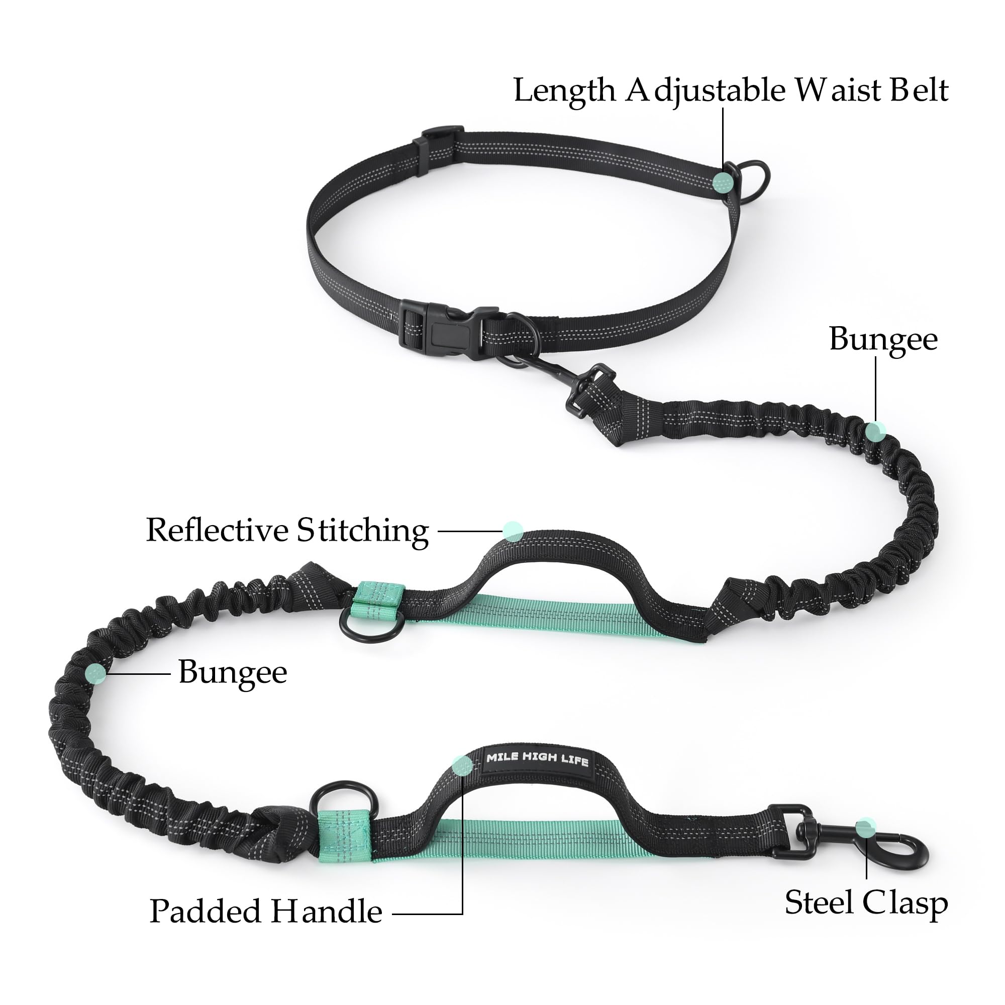 Mile High Life Adjustable Reflective Dog Running Lead with Two Padded Handles and Durable Elastic for Small, Medium and Large Dogs - 4