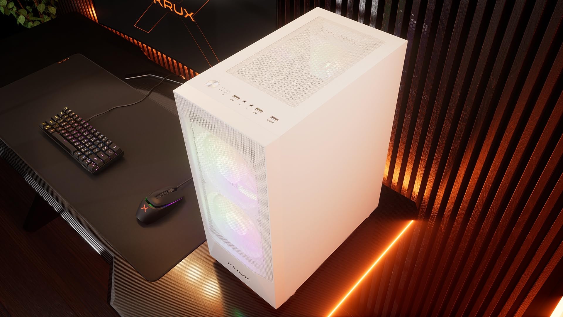 KRUX Vako White RGB,ATX MATX Gaming PC Carcasa Blanca, Ventilador de 2 x 140 mm, Interior Espacioso, Carcasa de PC ATX, Buen Flujo de Aire, hasta 310 mm GPU, PC Case Blanco, KRXD005