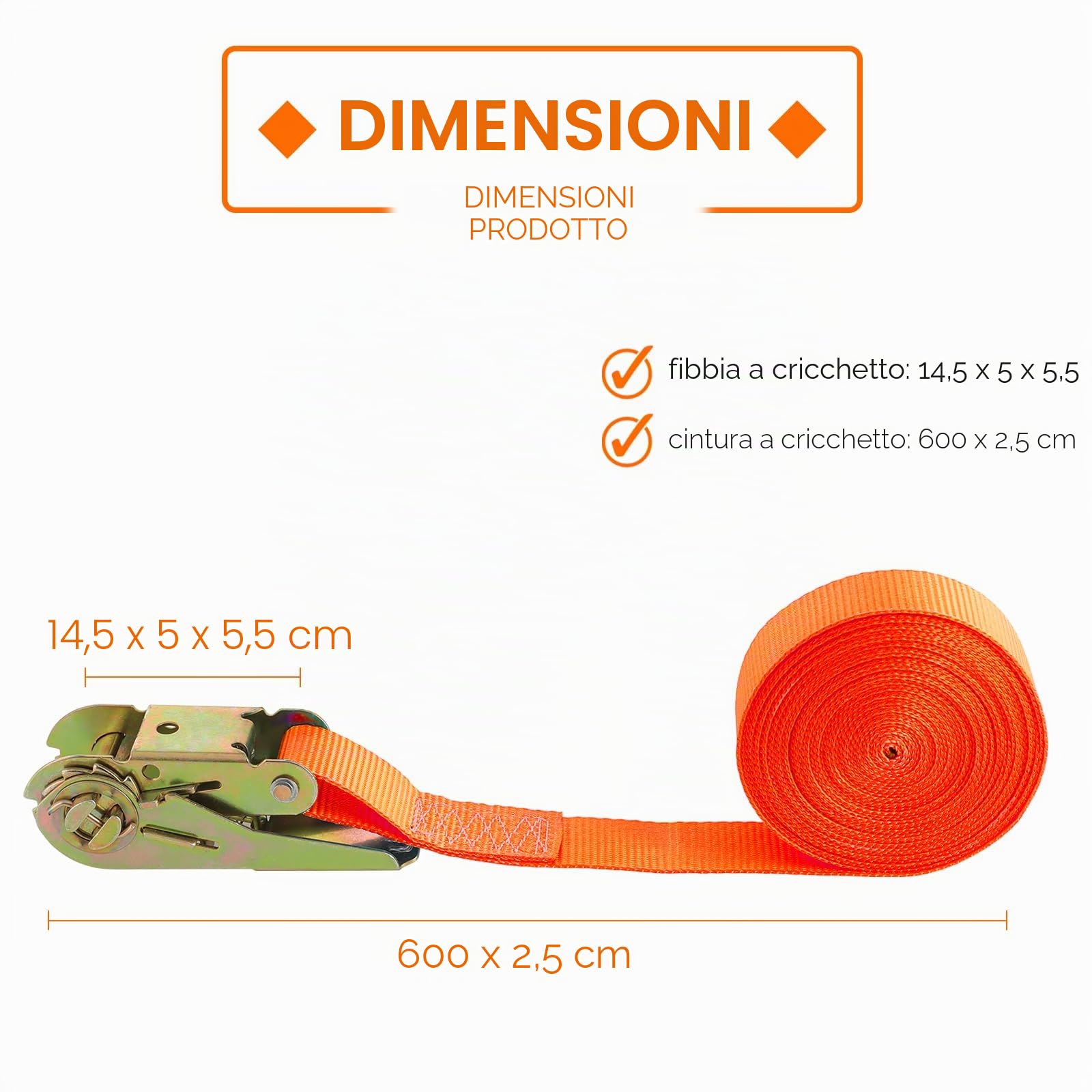 10 Cinghie di Tensione da 800kg, Cinghia a Cricchetto 6m x 25mm, Cinghie di Fissaggio con Cricchetto, Cinghia di Ancoraggio per Fissaggio del Carico (Arancione)