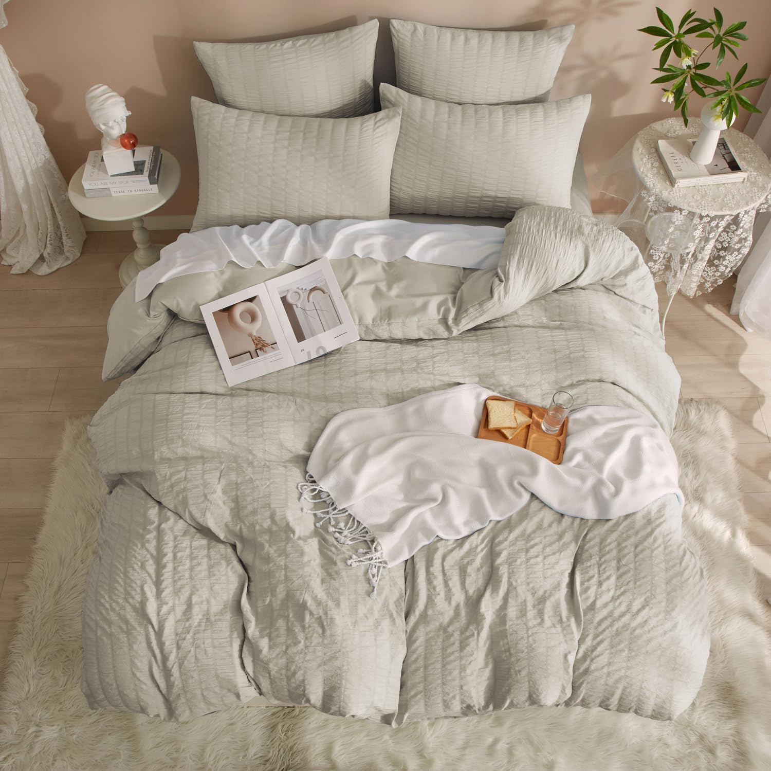 Housse de Couette en Microfibre Seersucker 180 x 220 cm - Bleu Acier