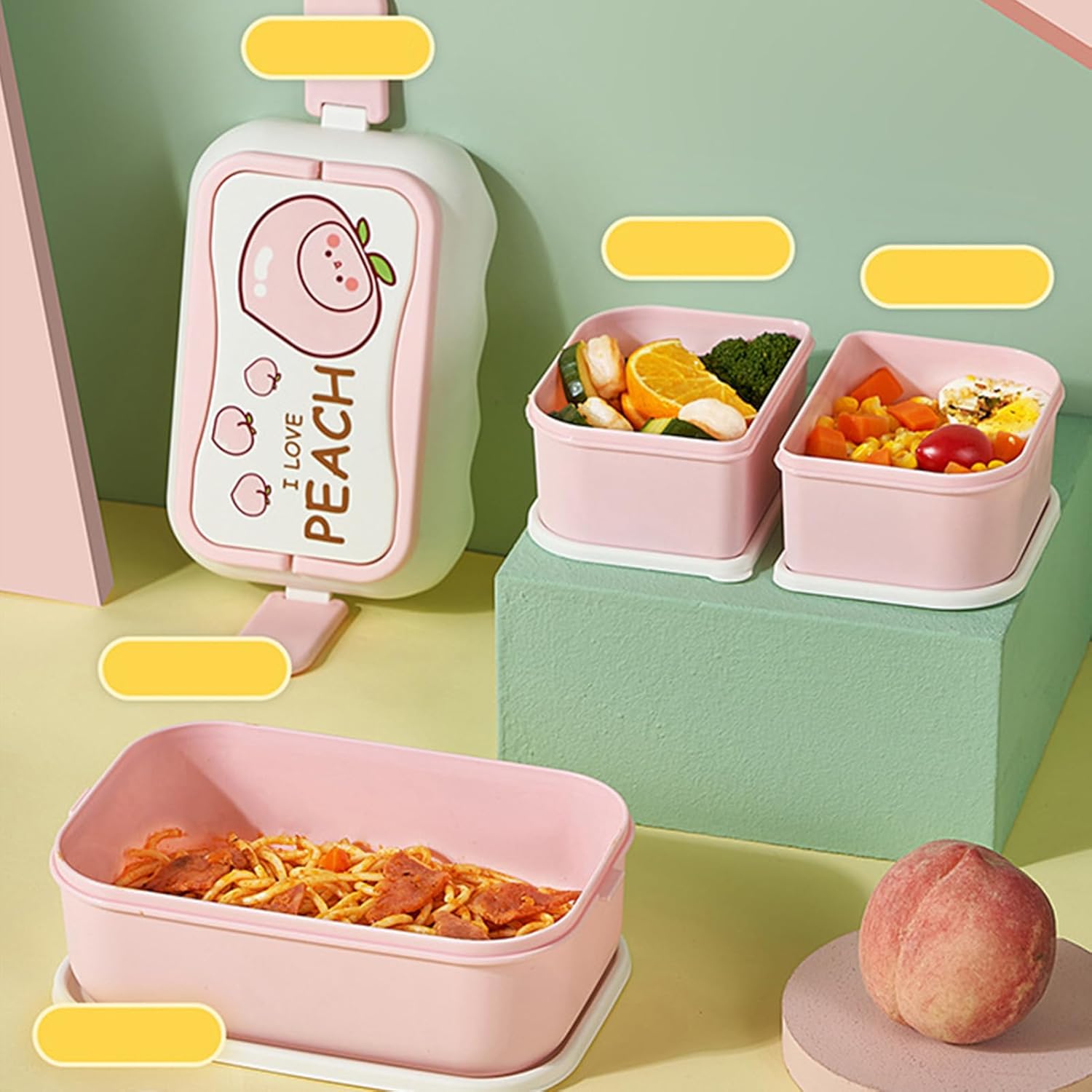 TOPINCN Cute Cartoon Microwaveable Lunch Box With Independent Compartment, Plastic Stackable Container (Pink)