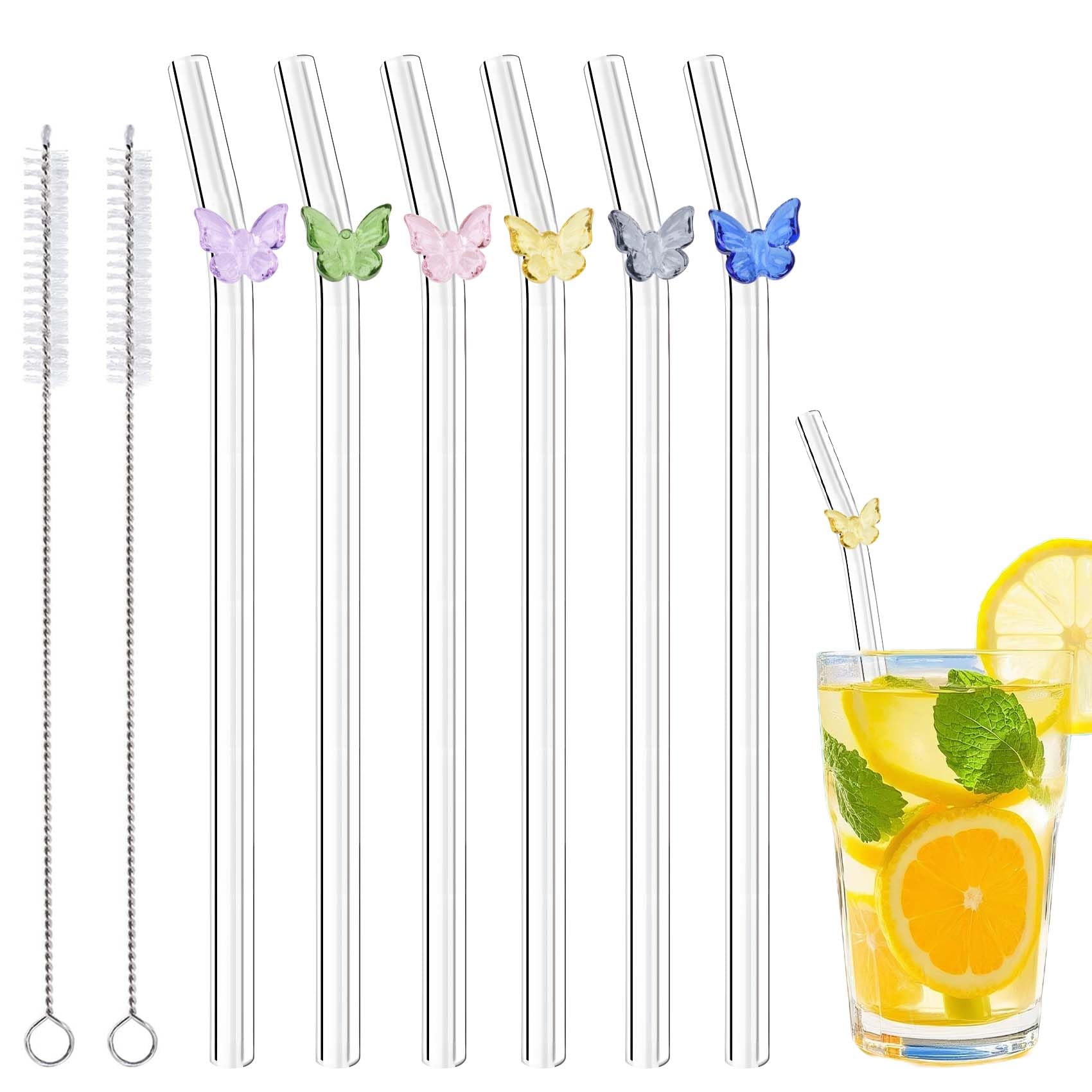 6 Pcs Glass Straws with 2 Cleaning Brushes, Cute Colorful Butterfly Glass Straws, Reusable Straws for Coffee Lover, Milkshake, Smoothies, Juice, Aesthetic Gift