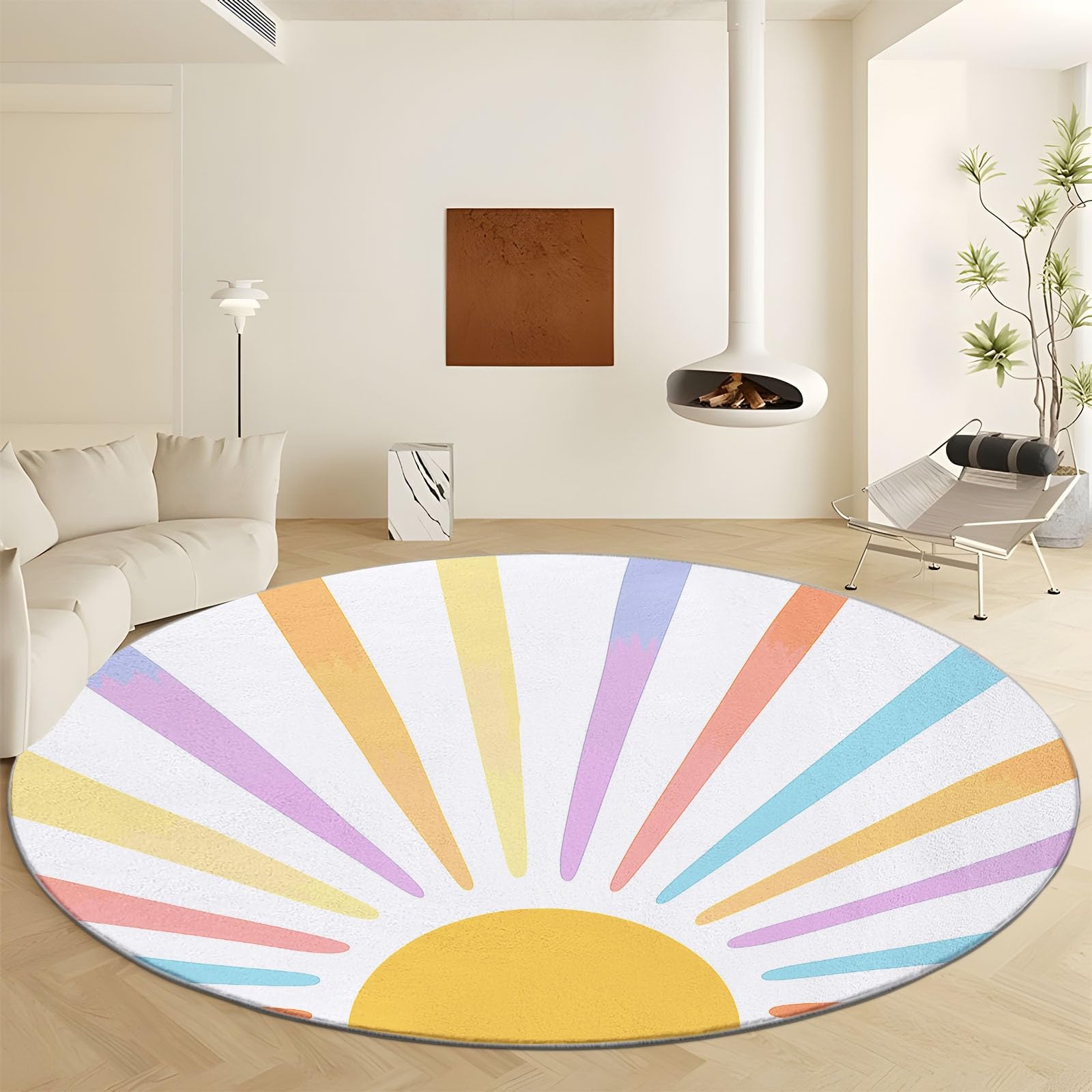 Generisch Mehrfarbig Teppich Rund Waschbare rutschfest Teppiche, Boho Stil Sonnenstrahlen Bedruckter Kurzflor Teppich - Langlebig und Pflegeleicht Ø 160 cm für Wohnzimmer Schlafzimmer Kinderzimmer