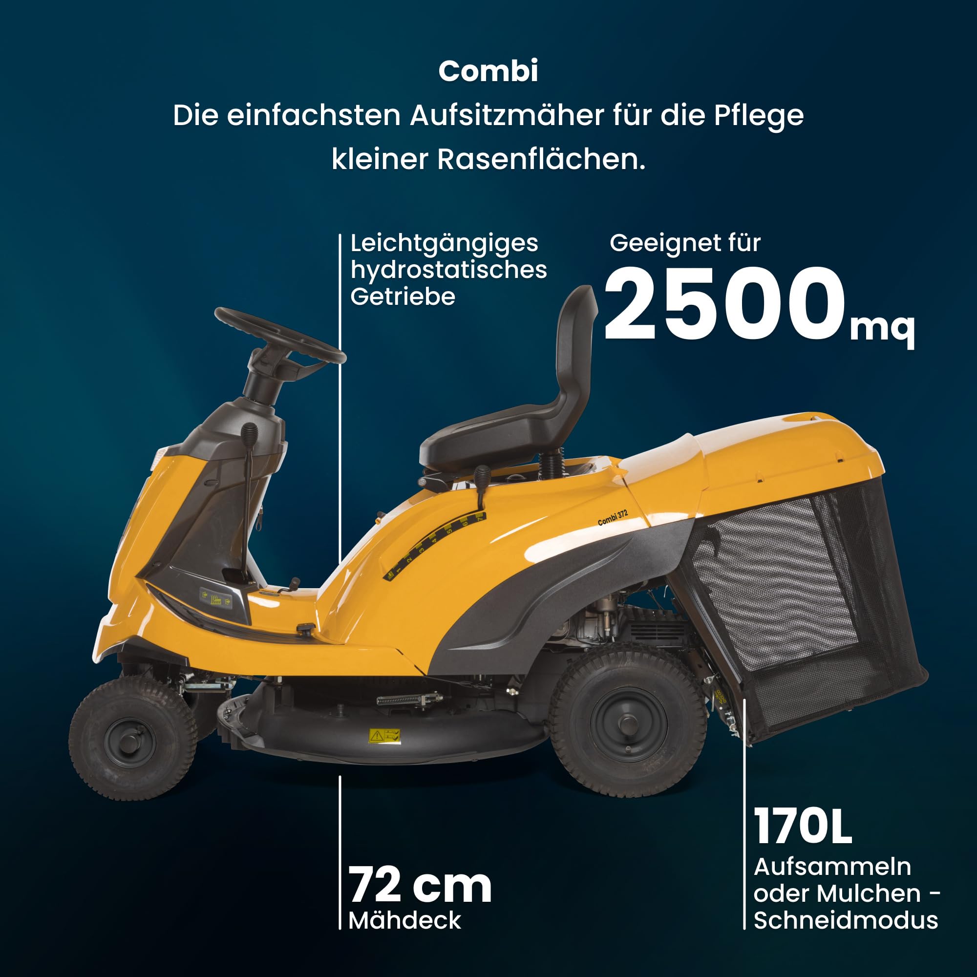 STIGA Combi 372 Aufsitzmäher, 414 cc, 72 cm, 170 L – Hydrostatisches Getriebe, Mulchfunktion – Rasenflächen bis 2.500 m²
