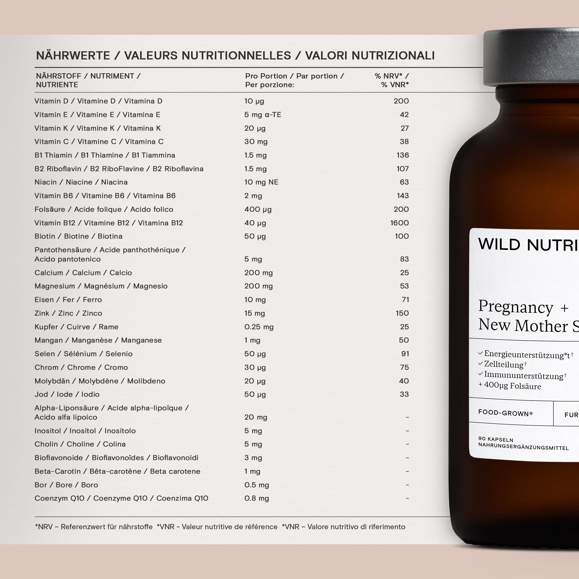WILD NUTRITION Food-Grown® Schwangerschaftsvitamine für Frauen | Postnatale Vitamine gegen Übelkeit, für den Hormonhaushalt und gegen Müdigkeit | 90 Kapseln