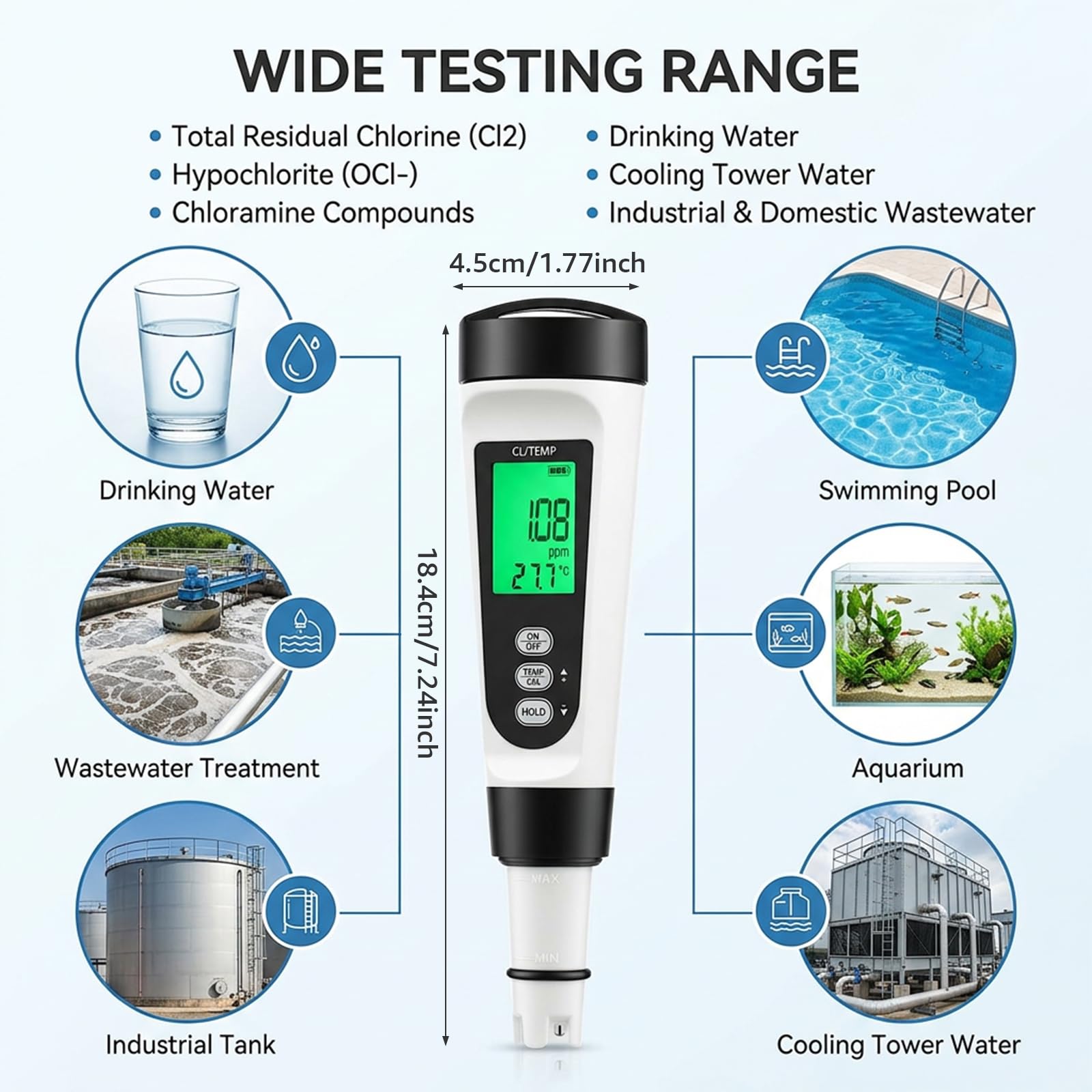 Cyfrowy miernik chloru, resztkowy tester chloru 0-4,00 ppm z wyświetlaczem temperatury, wyświetlacz LCD z podświetleniem, przenośny tester jakości wody do basenu, wody pitnej, akwarium, akwakultury