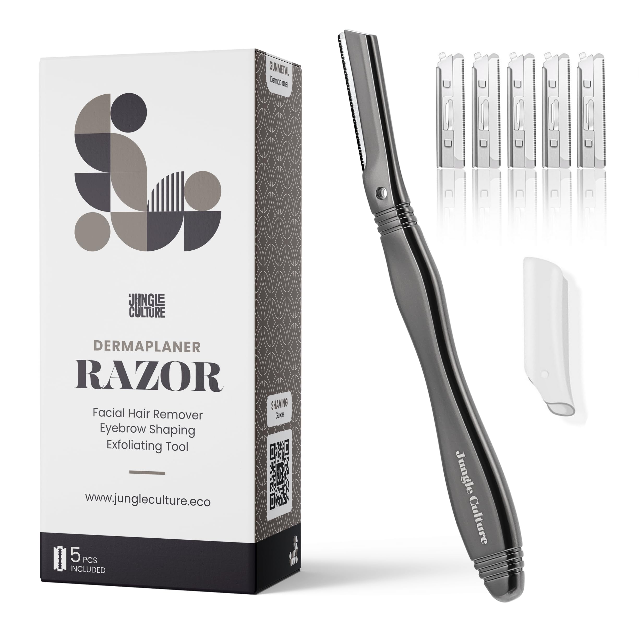 Jungle Culture Dermaplaning Tool – Facial Razor for Women with 5 Refill Blades – Reusable Eyebrow Shaper & Exfoliator – Black