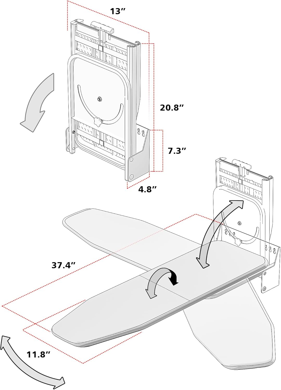 Nisorpa Wall Mounted Ironing Board 37.4" x 11.8" Fold Away 180° Swivel Iron Board with Heat Resistant Cover in Wall Ironing Board Space Saving for Home Laundry Room Wall Mounted Swivel Style