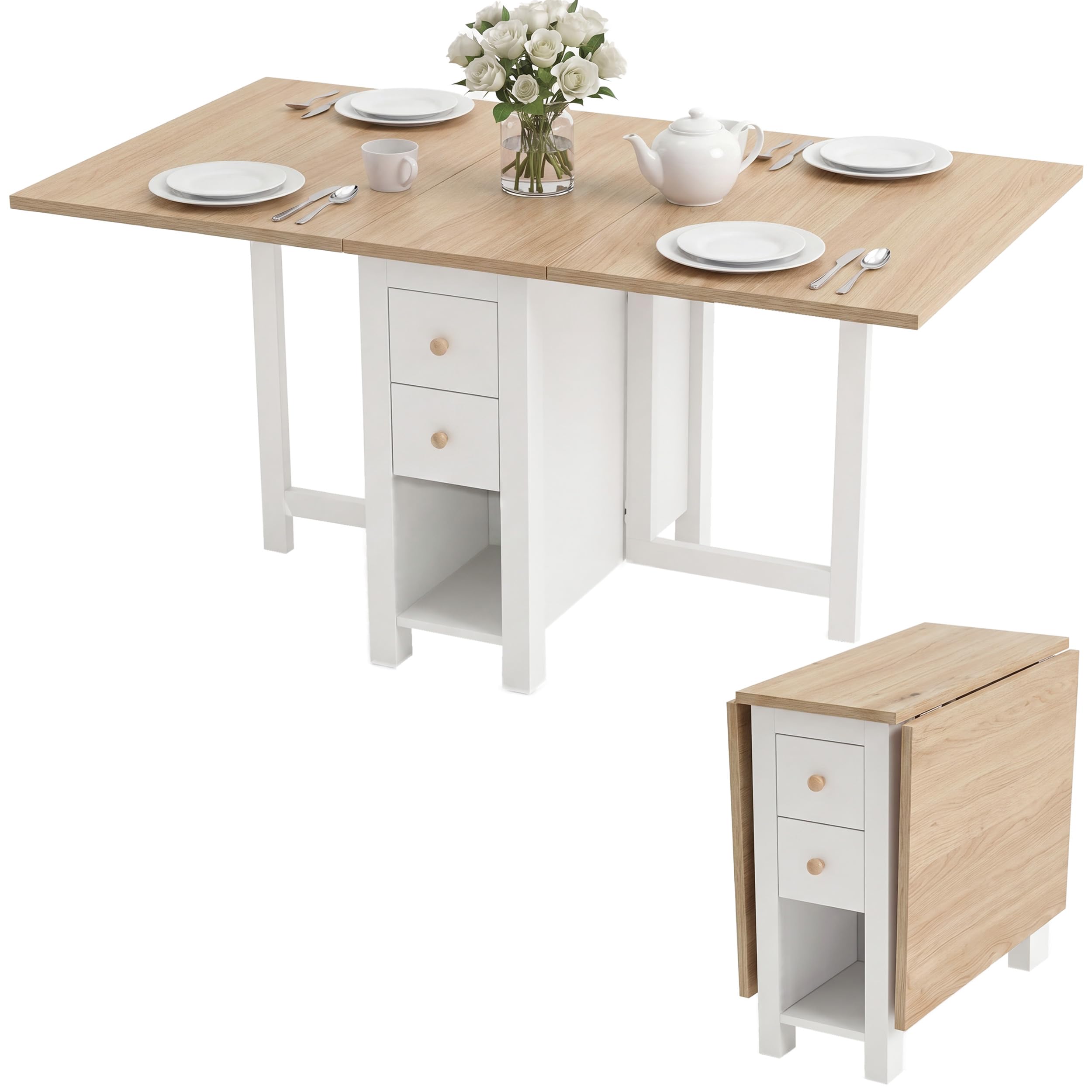Blisswood Folding Drop Leaf Dining Table for 4–6 People, 130cm Extendable Kitchen Table with 2 Drawers & 3 Storage Shelves, Space Saving Painted Wooden Foldable Table for Apartments Dining Room, White