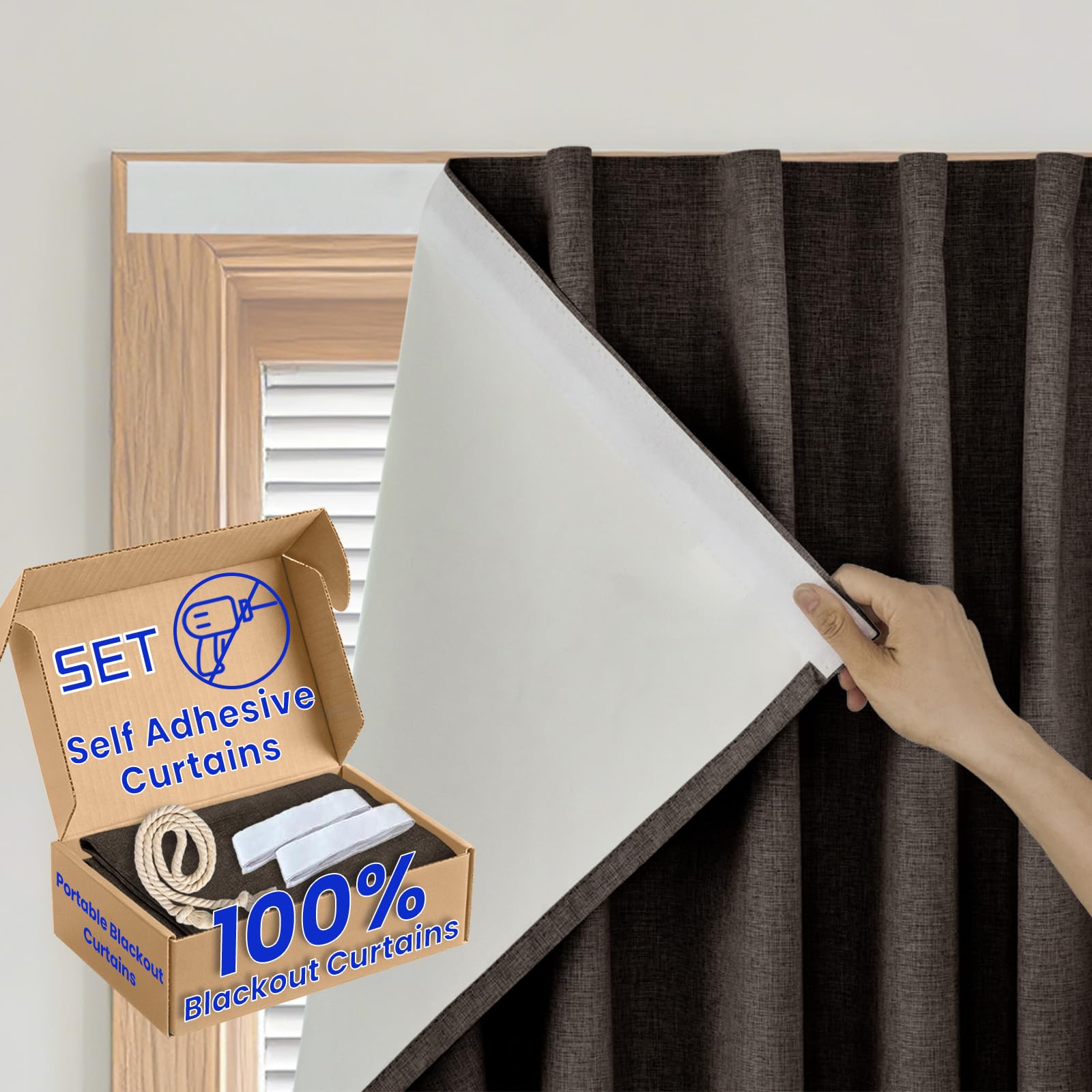 100% Blackout Self Adhesive Curtains Portable Curtain Simple and Easy to install Bedroom Window Thermal Lnsulated Kitchen Room Darkening Black Small Drapes, W34 x L72 inch, 1 Panel, Dark Brown