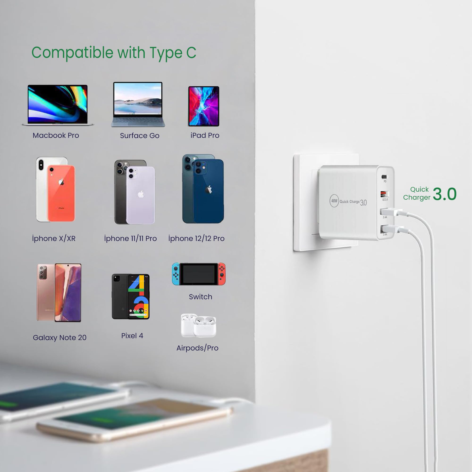 Caricatore USB C da 48 W e cavo USB-c (3 m), caricatore rapido 4 porte Quick Charger PD 3.0 più volte compatibile con iPhone 15, İpad, Samsung, Huawei, Xiaomi, adattatore di alimentazione, USB A e