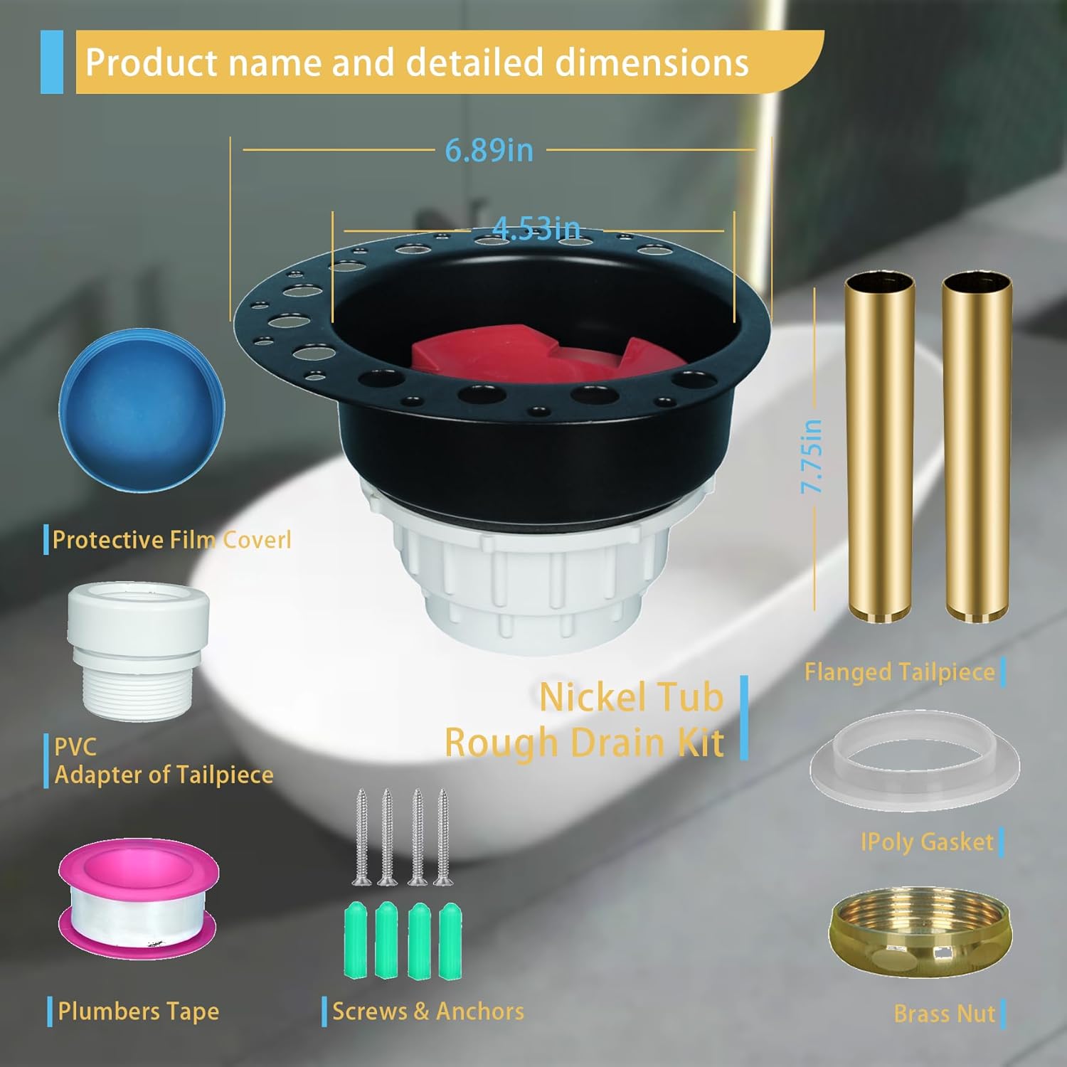 Freestanding Tub Drain Rough-in Kit with with ABS Plastic Adapter and Brass Tail Pipes Fit for Freestanding Bathtub & Floor Mounted Bathtub & Copper Bathtub