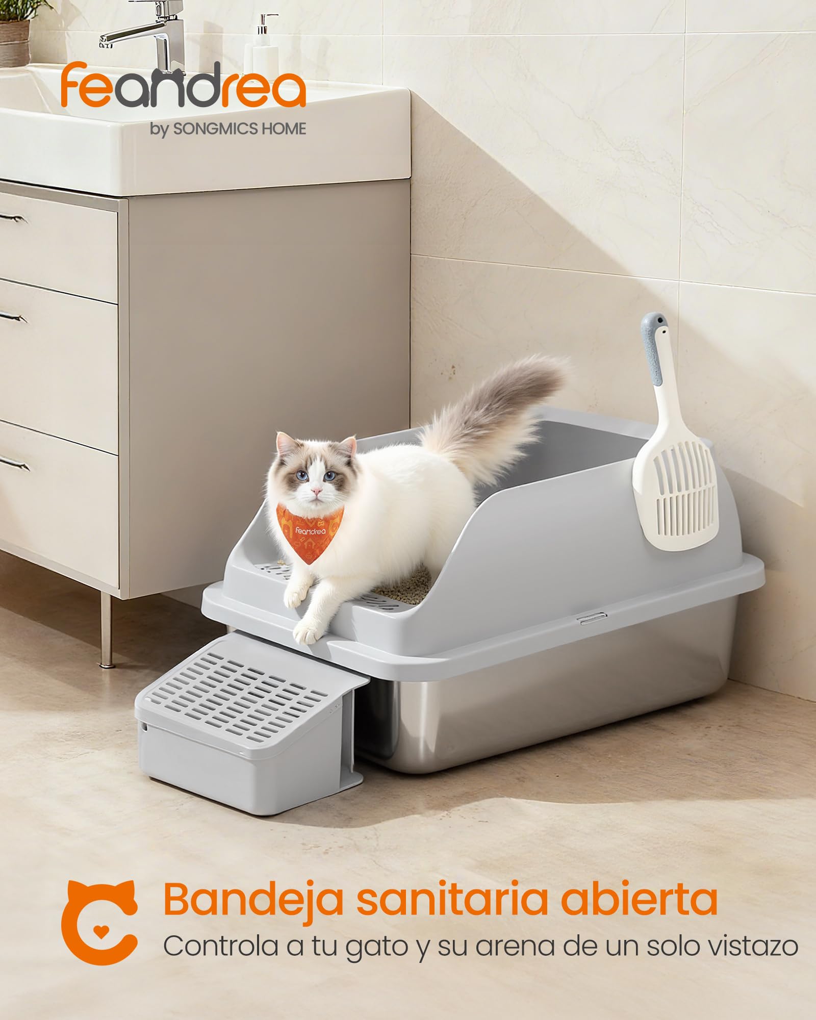 Feandrea Arenero para Gatos de Acero Inoxidable, Bandeja Alta con Apertura Superior, Escalón, Pala y Cepillo, para Gatos de hasta 15 kg, Gris Paloma PPT008GD01