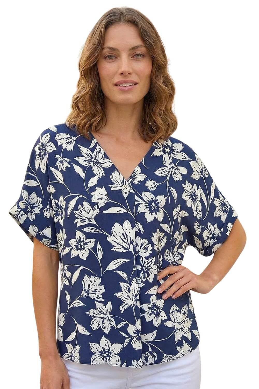 Roman Women's Navy Petite Floral Print Button Top In Size 14
