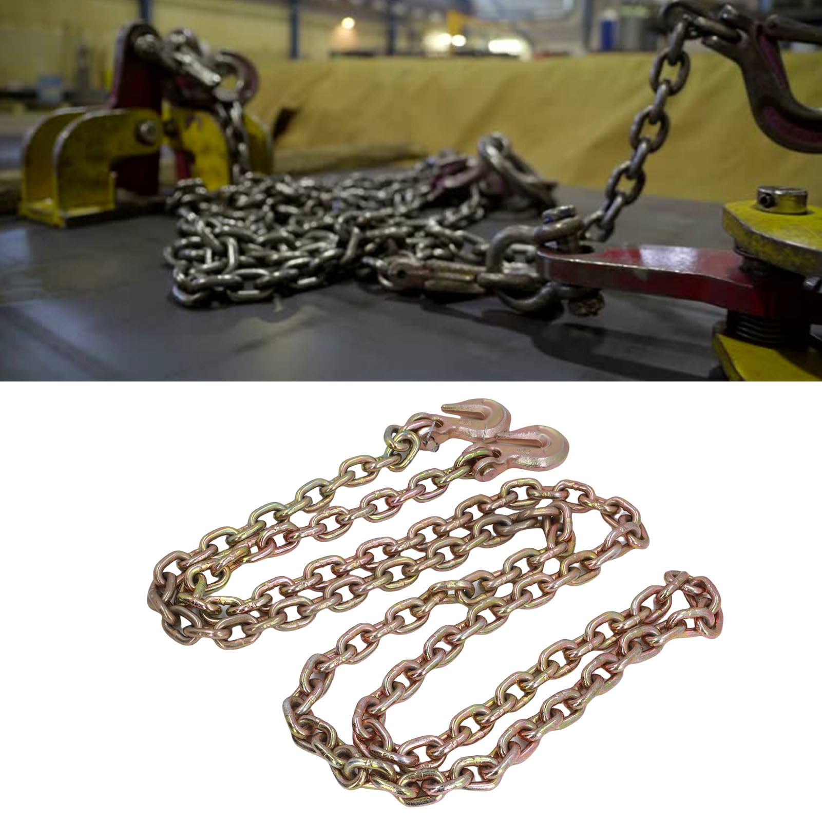 Hyuduo 4400 Libras Carga de Trabajo de 10 Pies G70 MN Cadena de Remolque de Acero con Ganchos de Agarre, Cadena de Carpetas con Recubrimiento Galvanizado para Uso Industrial, Cadena de