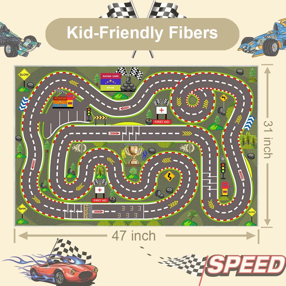 Kids Rug, Race Track Playmat Rugs 47×31 in Kids Carpet with Rubber Backing, Start and Finish line Racing Track Marking Car Road Race 3D Play Mat Nursery Rugs for Children Bedroom Playroom