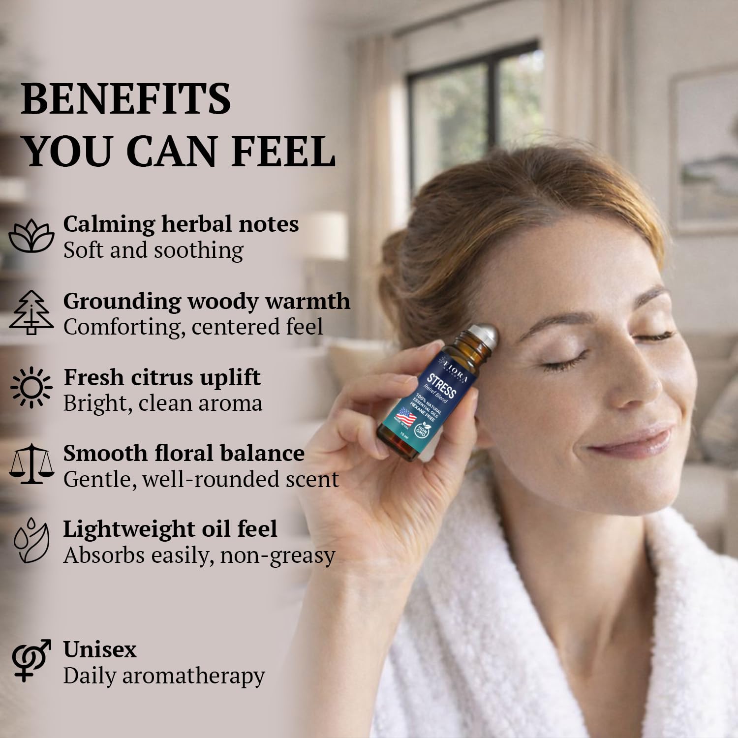 Stress Relief Essential Oil Roll On – Calming Essential Oils Blend for Relaxation & Wellness Rituals - Aromatherapy Roller, Destress Gifts for Women & Men by Fiora Naturals