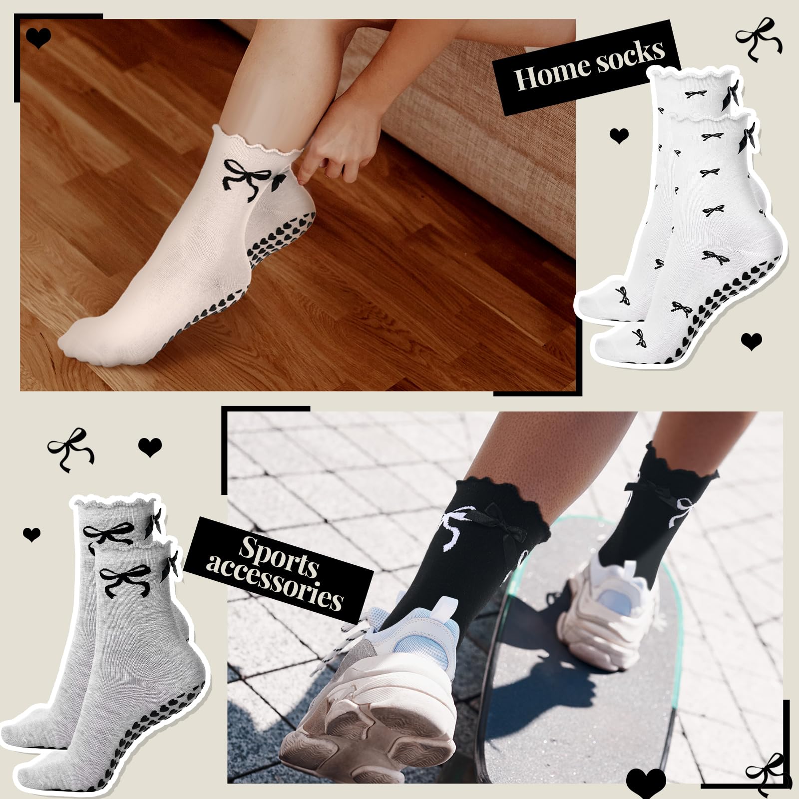 Coquette - Calcetines de pilates con lazo negro para mujer, transpirables, con volantes, puños con volantes, antideslizantes, calcetines atléticos, color blanco y negro, nailon satinado con