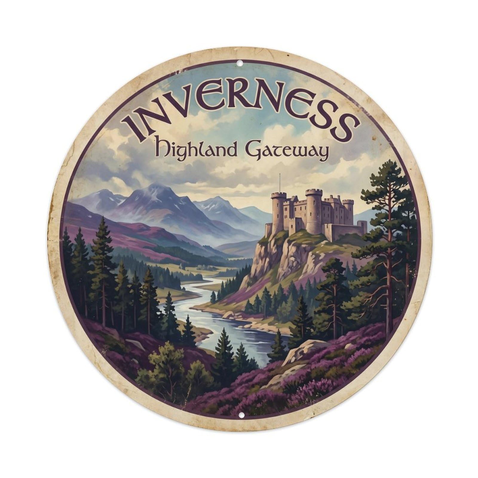 Vintage Travel Inverness Castle Highlands 1 Metal Tin Sign Plaque Wall Decor for Cafe, Club, Garden Round Metal Poster 8x8Inch