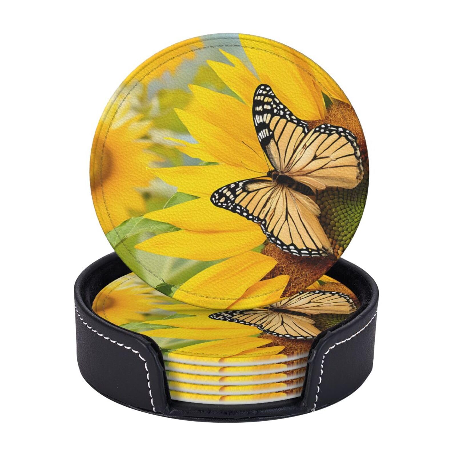 Coasters Set of 6 Microfiber PU leather Coasters with Holders for Drinks Coffee Bar Accessories, House Apartment Coffee Table Decor, Housewarming Gifts - Sunflower Butterfly Sunny