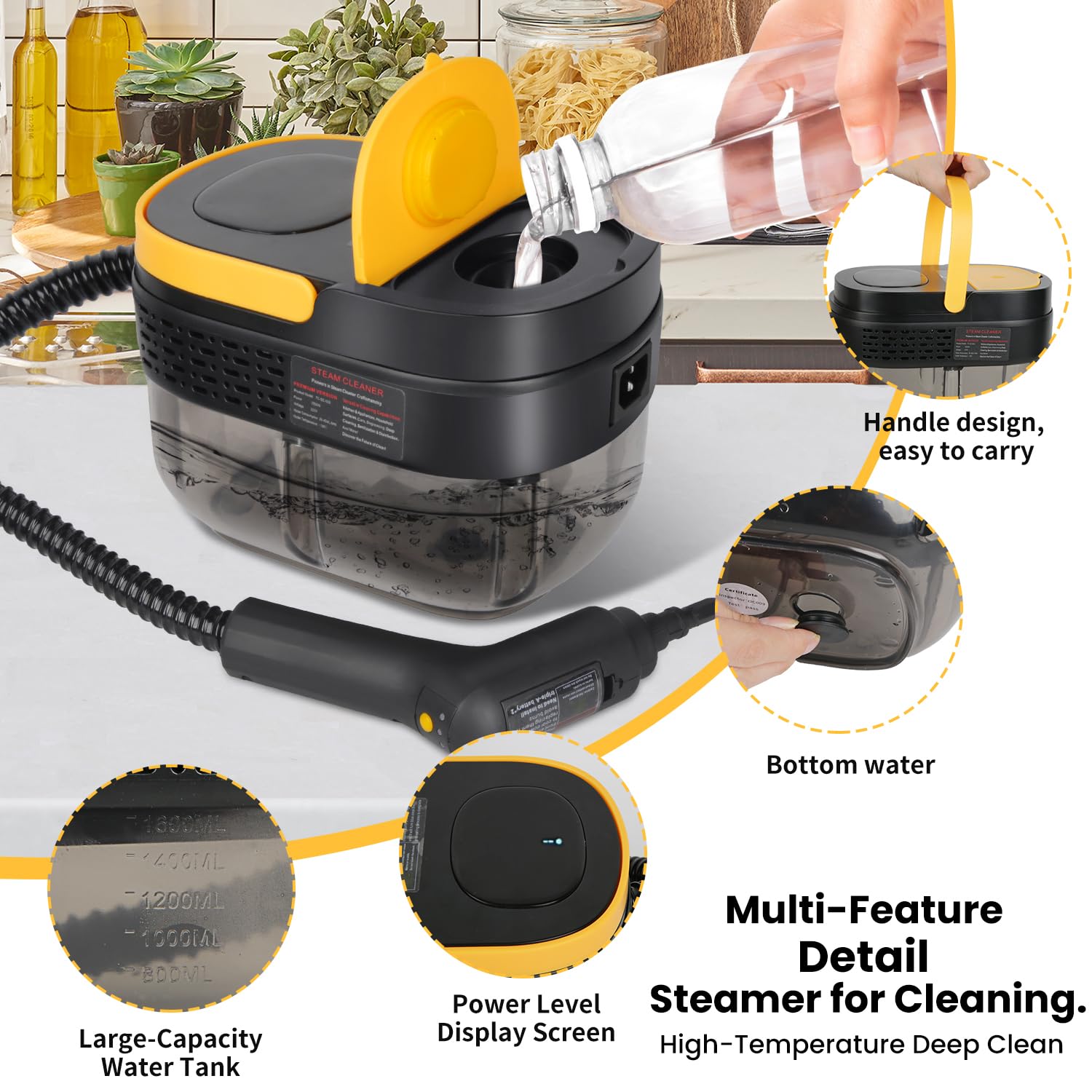 Vaporeta Limpieza Hogar 2500W, Depósito de Agua 1600ML, Mango Regulable en 3 Niveles, Alta Temperatura 105℃ y Presión 3Bar, Calentamiento Rápido 15s, 10 Accesorios, para Coche, Cocina (Negro)