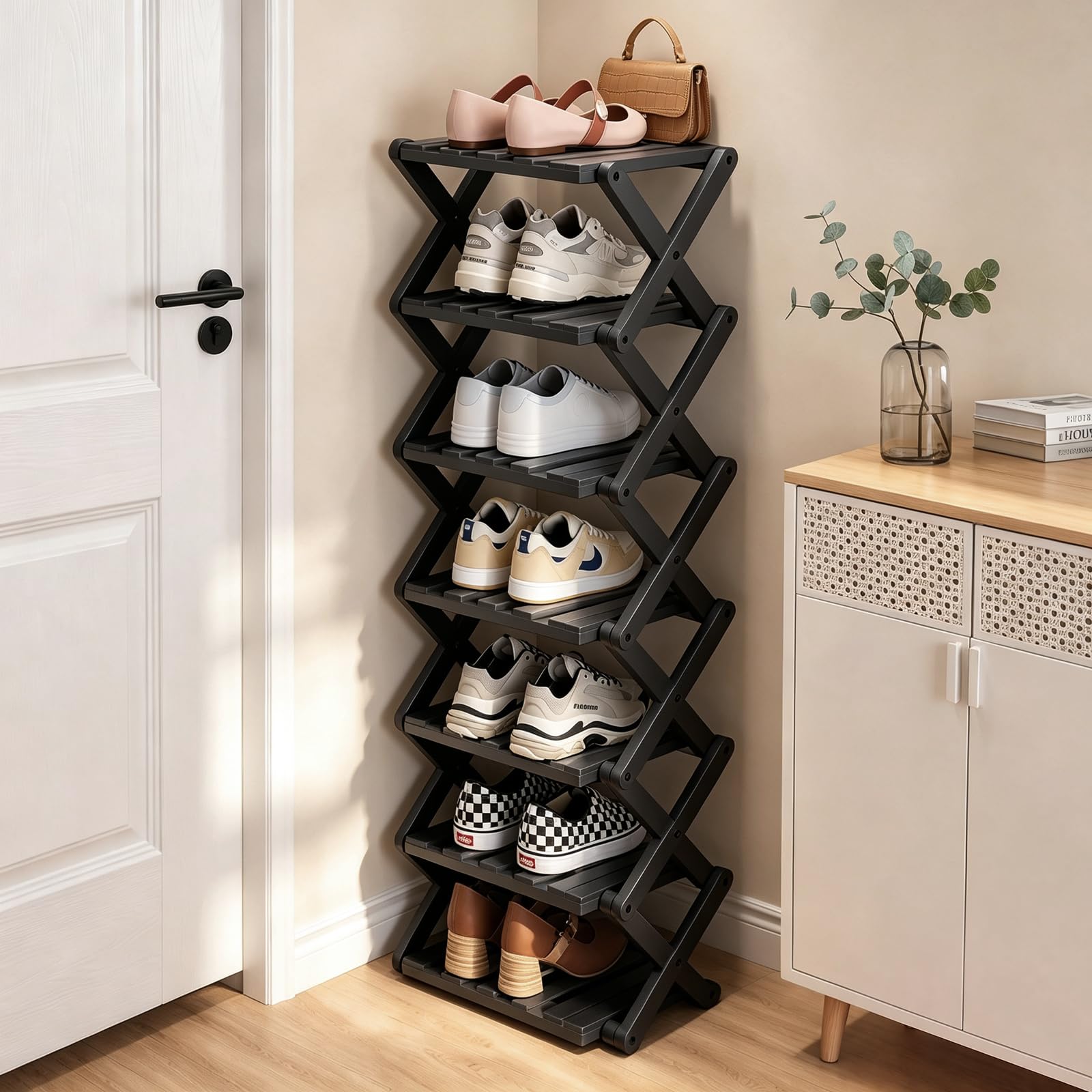 Yahbrra Vertical Small Shoe Rack: 7 Tier Bamboo Foldable Organizer Vertical