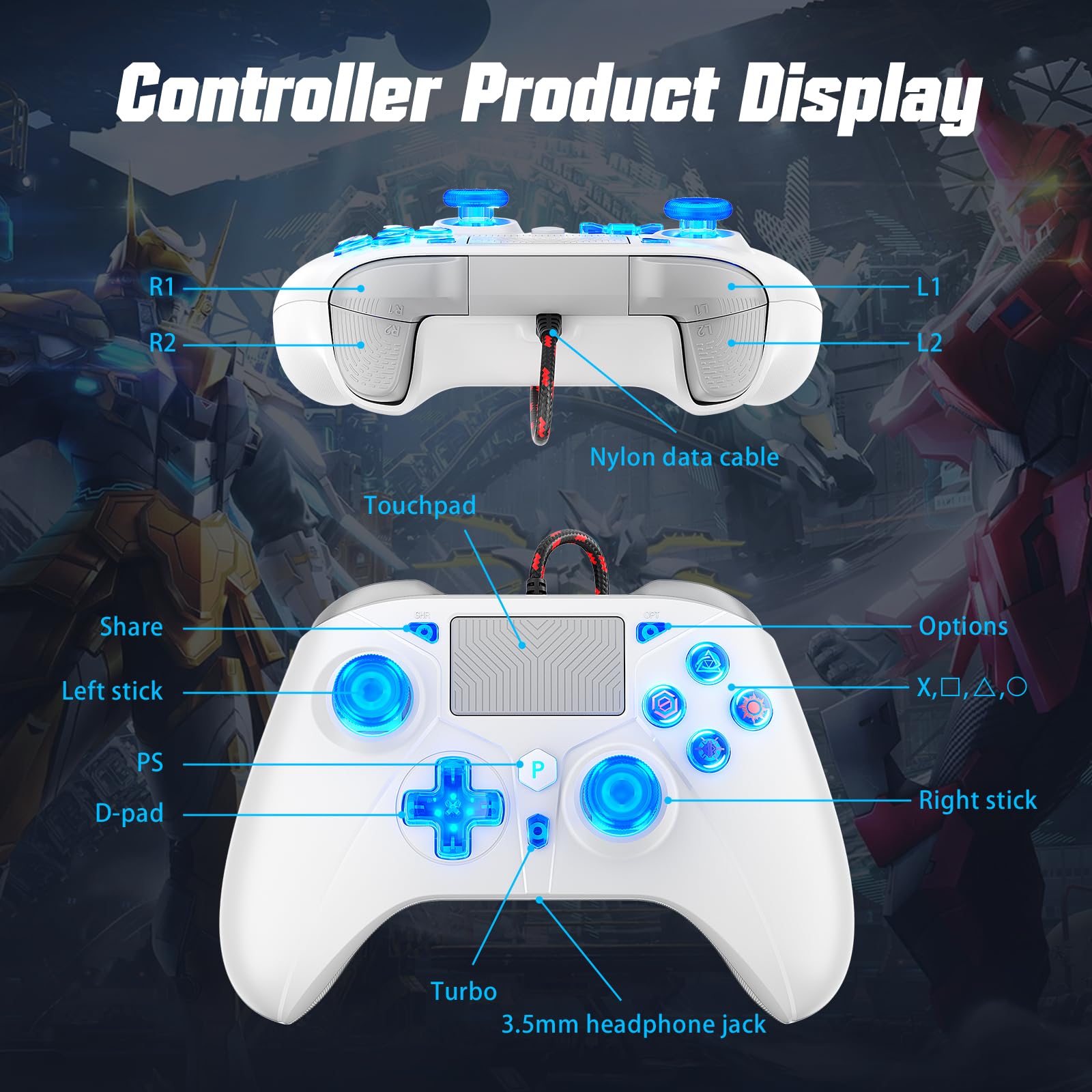 Gamrombo Controller LED cablato per PS5/PS5 Pro/PS5 Slim, compatibile con PS4/PC con jack per cuffie da 3,5 mm, doppia vibrazione, funzione macro, funzione Trubo, cavo da 3 m