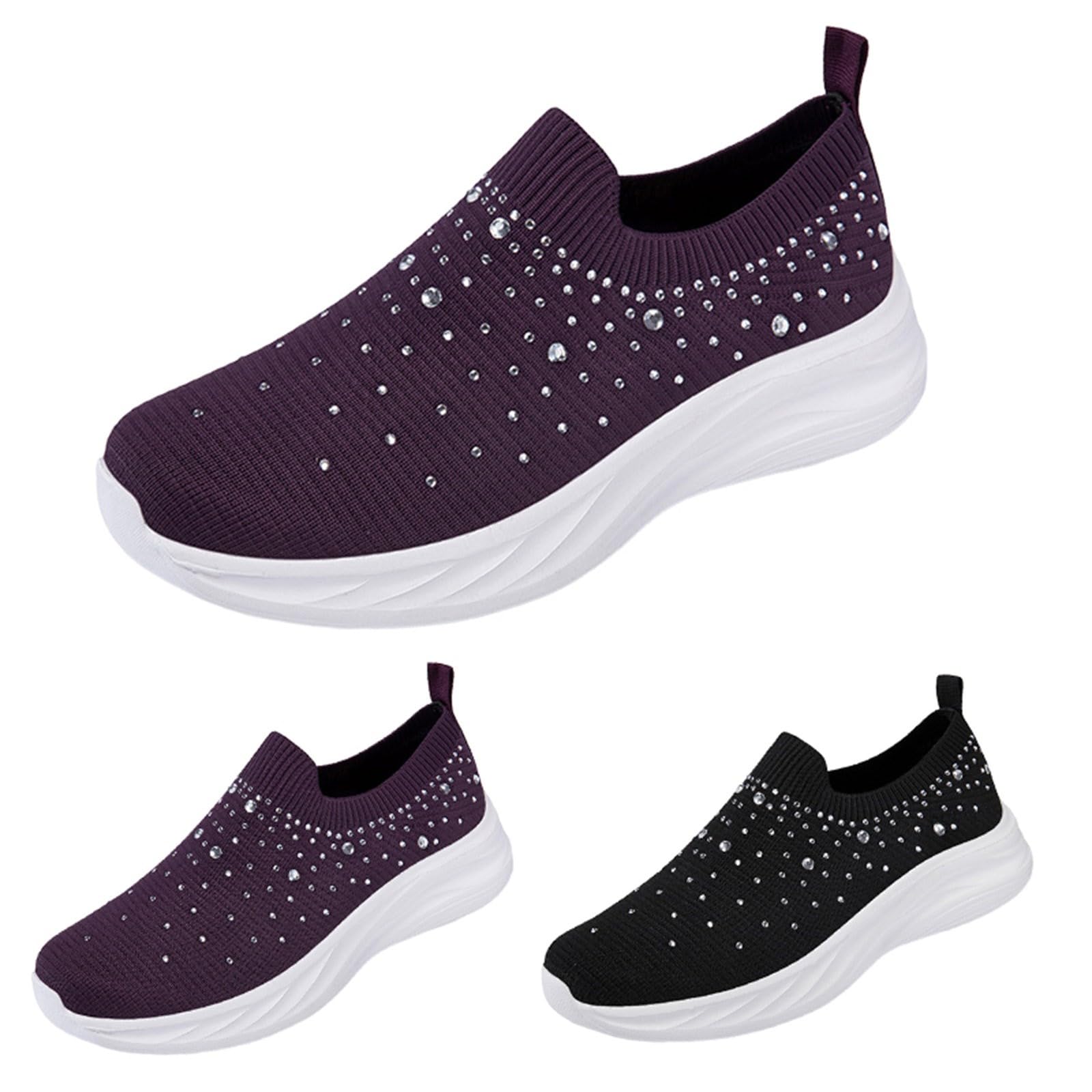 Damskie buty sportowe Y2K Sparkly Slip on Stretch, dzianinowe skarpety trampki z detalami ze strasu, na wieczorne spacery i spacery po mieście, Fioletowy, 39.5 EU