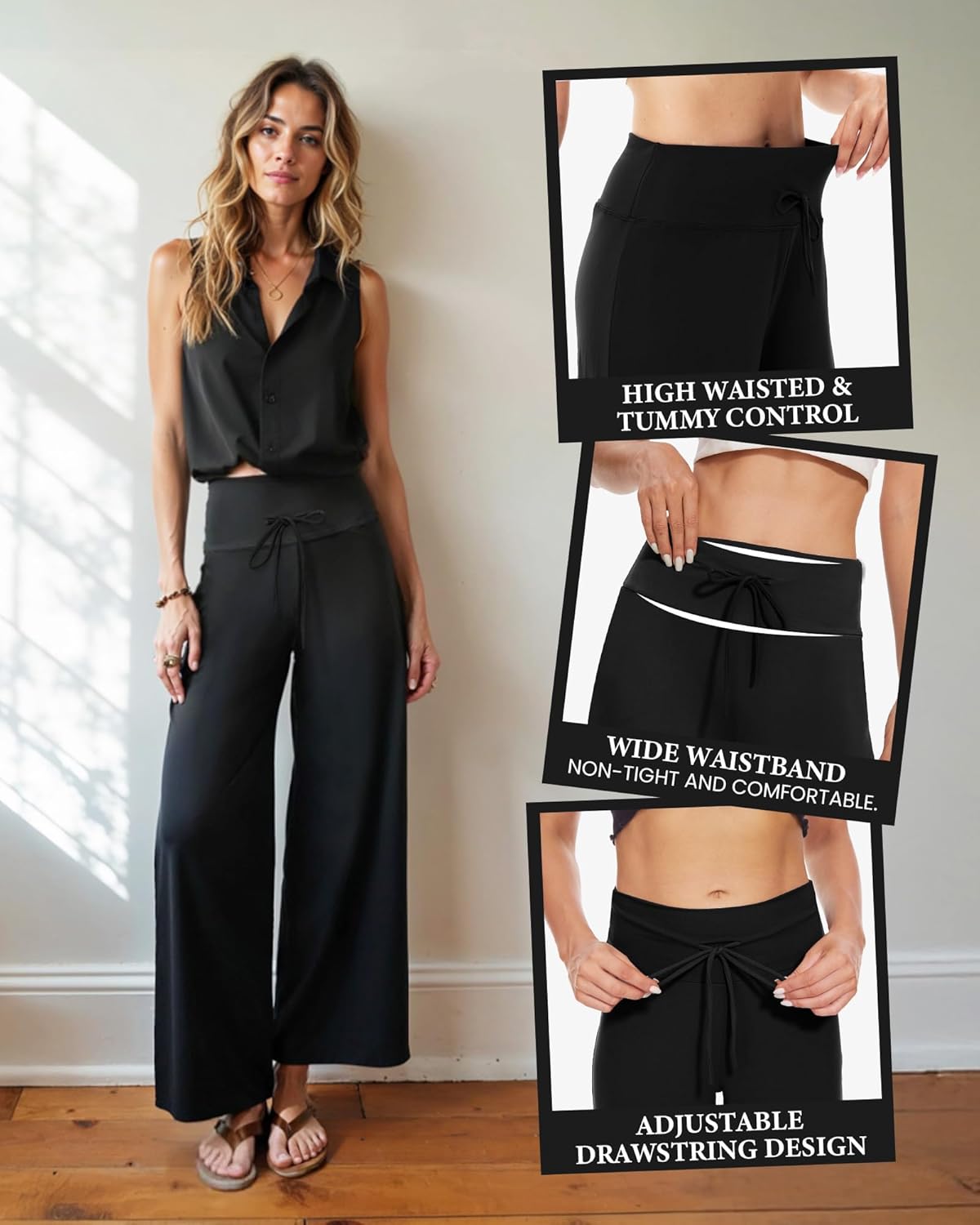 ZOOSIXX Soft Black Pajama Pants for Women, Wide Leg Comfy Casual Lounge Yoga Capri Pants 22'' / 30'' - Image 4