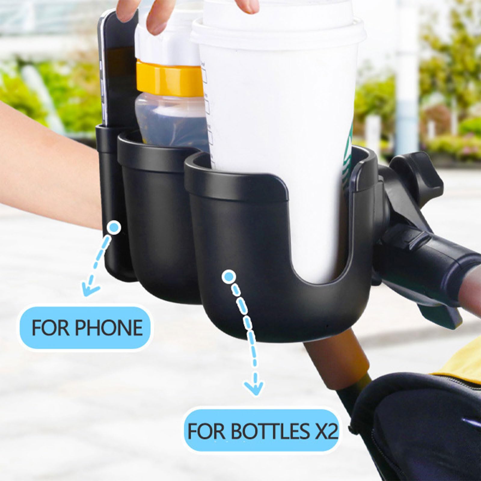 Getränkehalter für Kinderwagen, 360° drehbar, Doppel-Flaschen-Organizer mit Handy für Rollstuhl, Walker, Handy für Kinderwagen