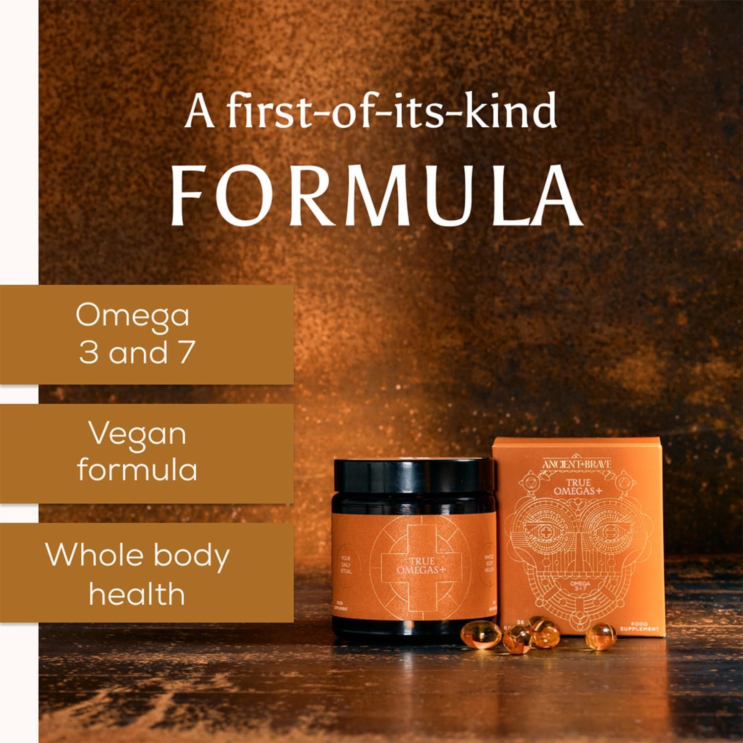 Ancient + Brave True Omegas+ 60 Capsule di Omega 3 e Omega 7 Vegane - Integratore alimentare con acidi grassi essenziali di origine vegetale per pelle, cuore e occhi.