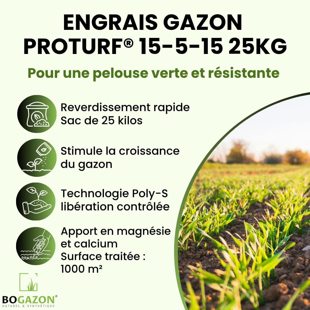 Engrais Gazon PROTURF® 15-6-15 | Fertilisant Professionnel Terrain de Sport & Pelouse Résistante | Croissance Rapide & Reverdissement Intense (25 KG, 60.0, Centimètres)